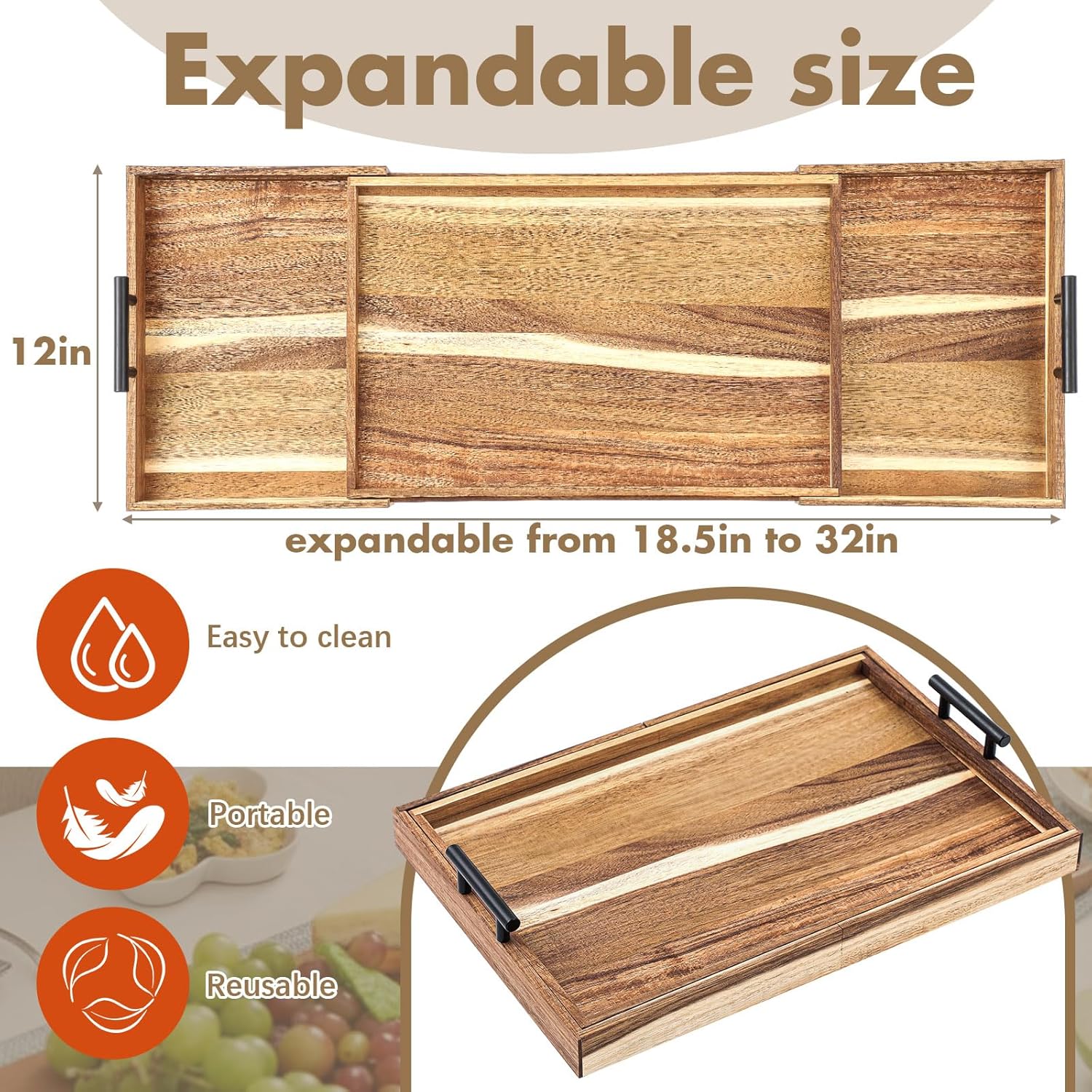Lounsweer Acacia Expandable 32 Inch Large Charcuterie Board for Party with Handles and Knife Set XL Wood Serving Tray Long Cheese Platter for Gatherings Entertaining House Warming Gift - Image 2