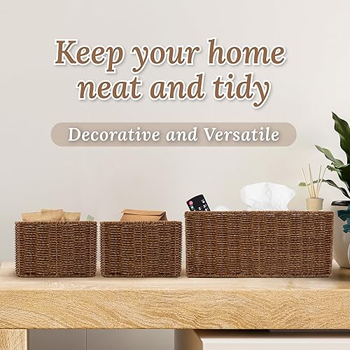 Miniatura 5 de WeeNest Cesta de mimbre con asa, Cestas de mimbre para organizar, Cestas de estante para organizar, Cesta tejida con asas, Organizador de cesta de