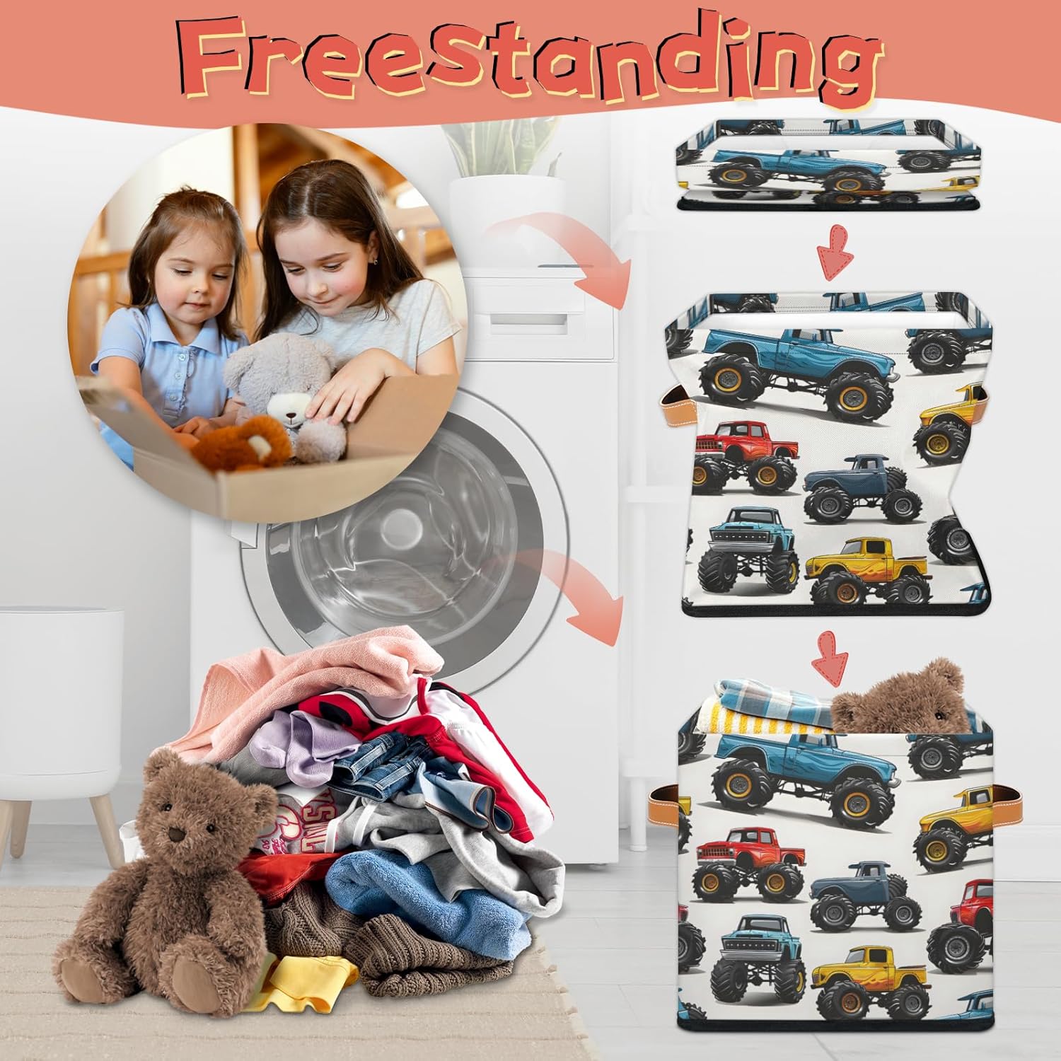 Monster Truck Cube Storage Bin 11 x 11 x 11, 2 Pack Collapsible Fabric Storage Bin, Foldable Cube Baskets for Shelf, Closet, Organizer
