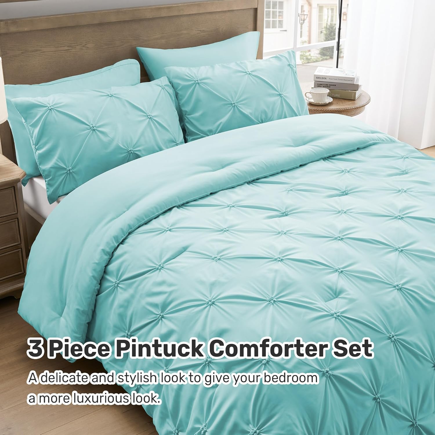 UNIKOME Queen Comforter Set Aqua Blue - Ultra Soft Boho Pintuck Down Alternative Bedding Set for All Seasons, 3 Pieces Lightweight Warm Pinch Pleat Bed Set with Comforter, 2 Pillowcases - Image 5