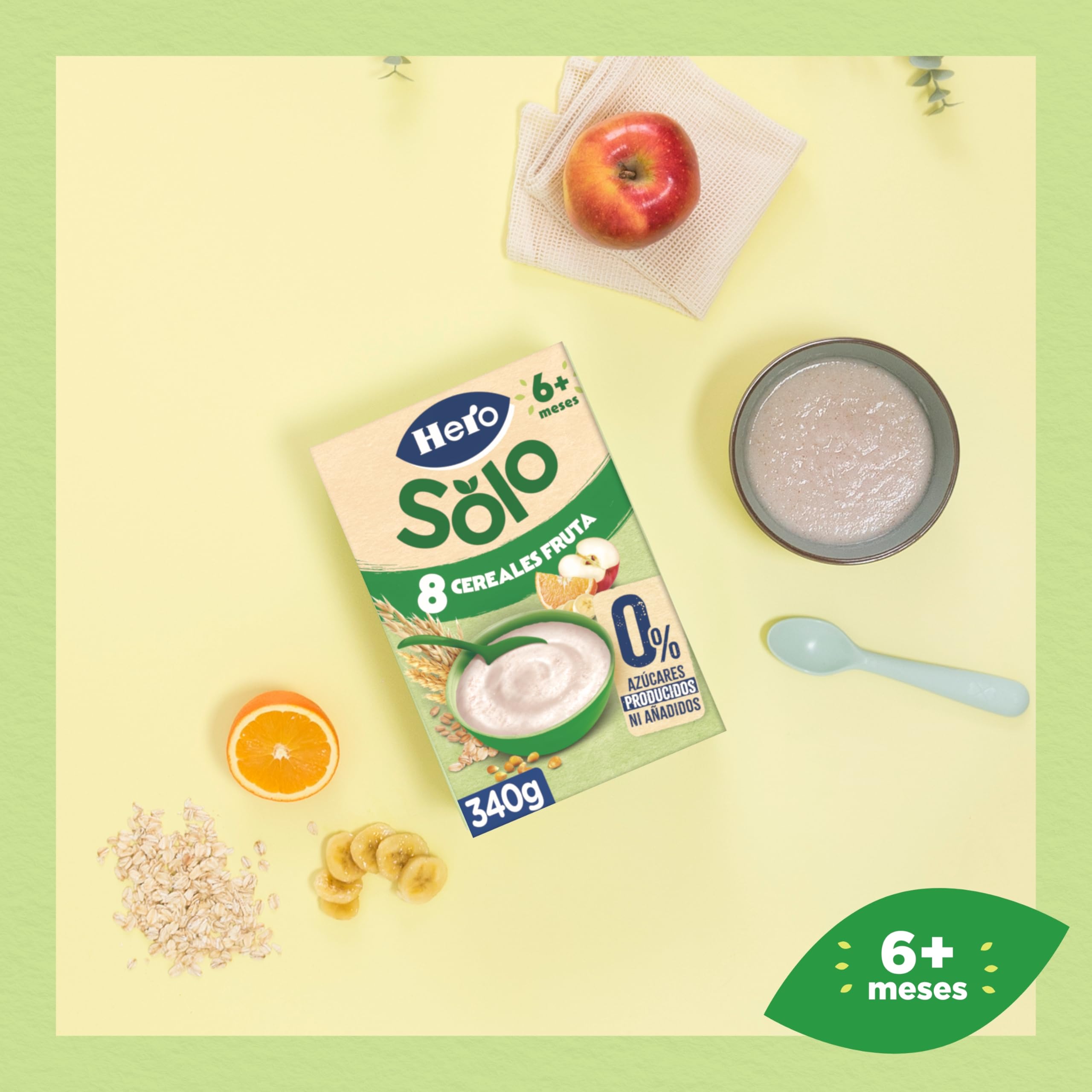 Hero Solo Papilla 8 Cereales con Fruta, Sin Lactosa, Rico en Vitaminas, Sabor Natural para Bebés, a partir de 6 meses