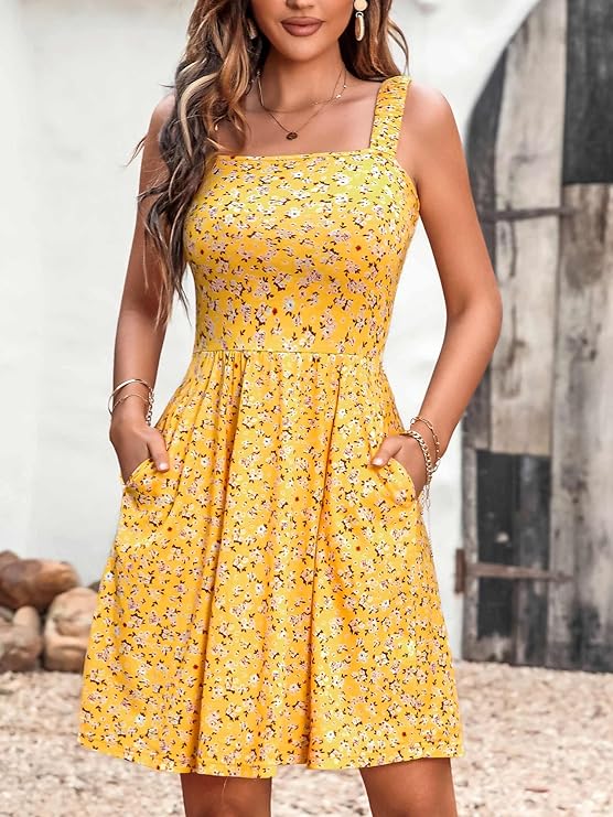 HUHOT Women Summer Casual Square Neck Dress Sleeveless High Waist A-line Midi Dress with Pockets