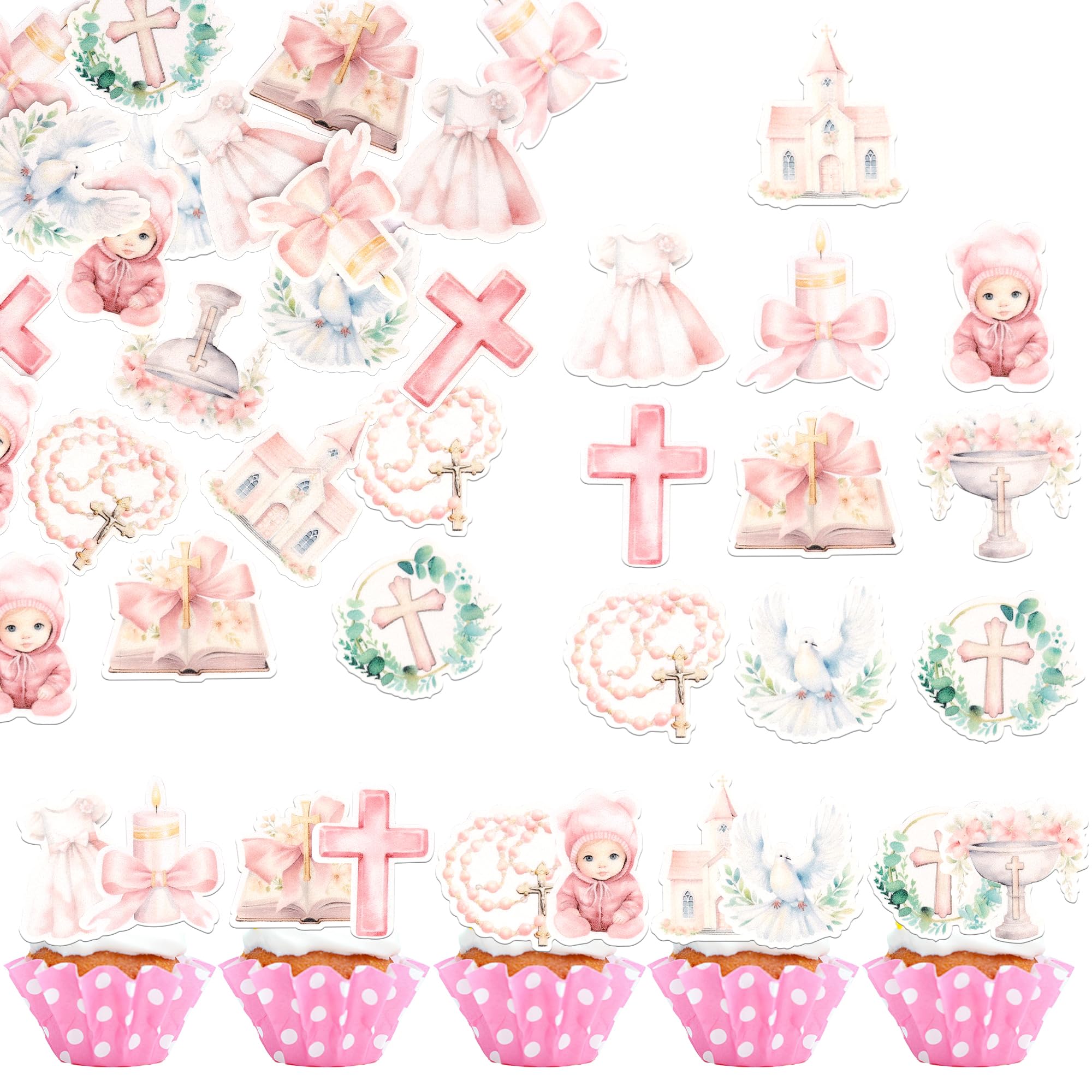 SYKYCTCY 60 Pack Edible God Bless Cake Topper Glitter Dove Cross Christening First Communion Cake Pick Religious Baptism Cake Decorations for Religious Theme Party Baby Shower Birthday Party Supplies