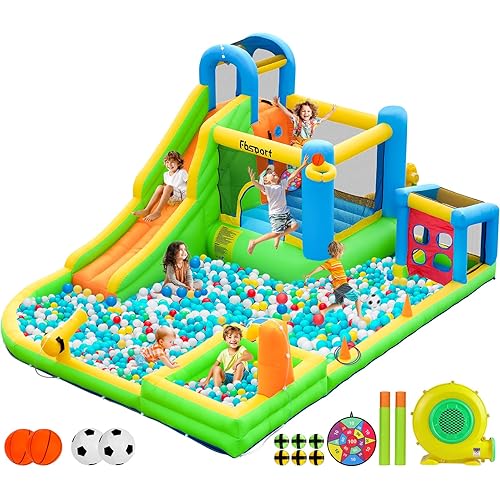 FBSPORT Inflatable Bounce House, 9 in 1 Water Slide with Blower, Bouncy House for Kids Indoor Outdoor Wet Dry Combo Water Bounce House with Football Shooting, Water Gun, Splash Pool, Bounce Area, Hose