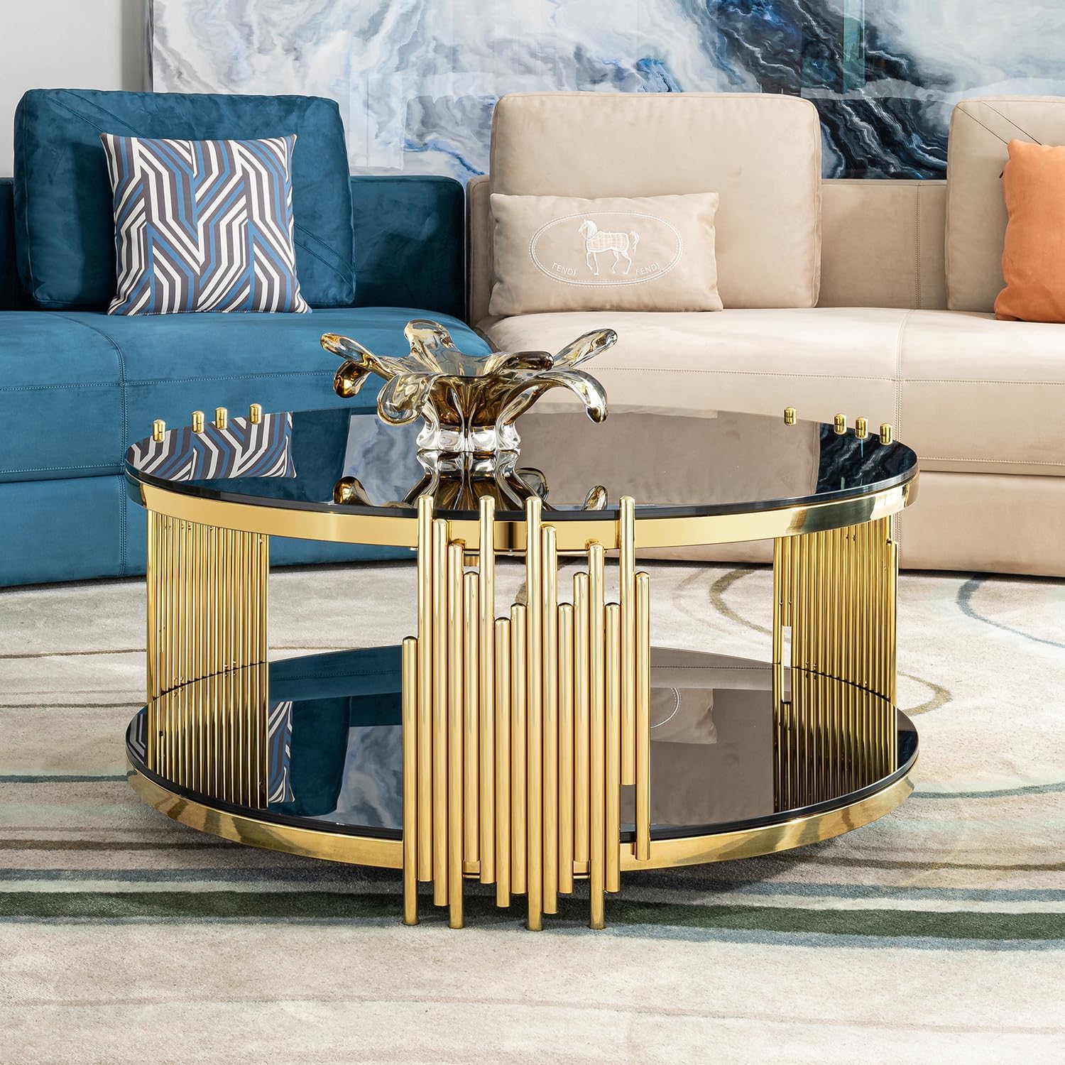 31.5" Round Coffee Table, 2-Tier Black Tempered Glass Coffee Table with Gold Metal Frame for Living Room, Office & Café
