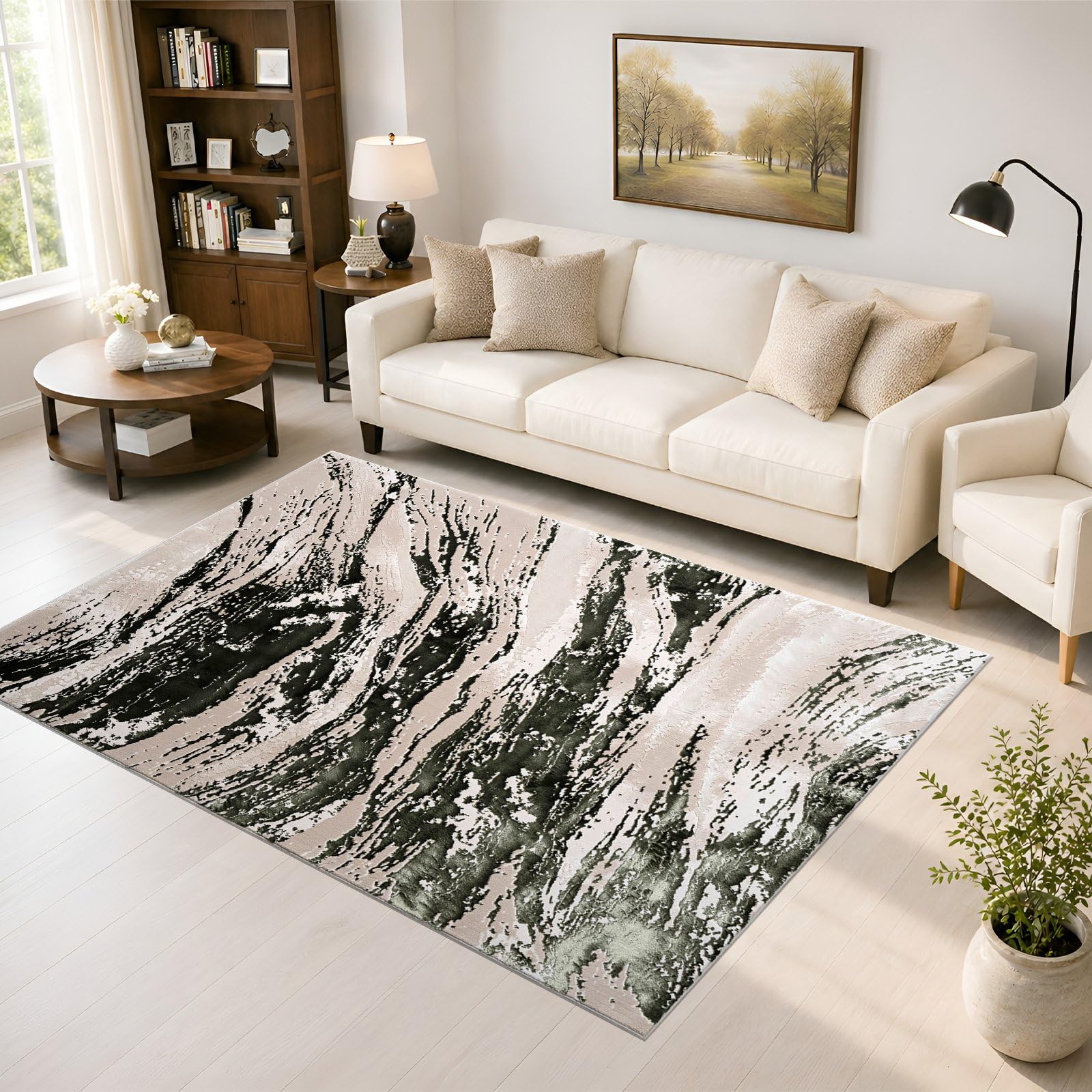 renoazul® Jute Back Big Rugs For Living Room - Jeze Abstract Green Rug - 160 x 230 cm - Washable Sitting Room Rugs For Bedroom, Fireside and Lounge