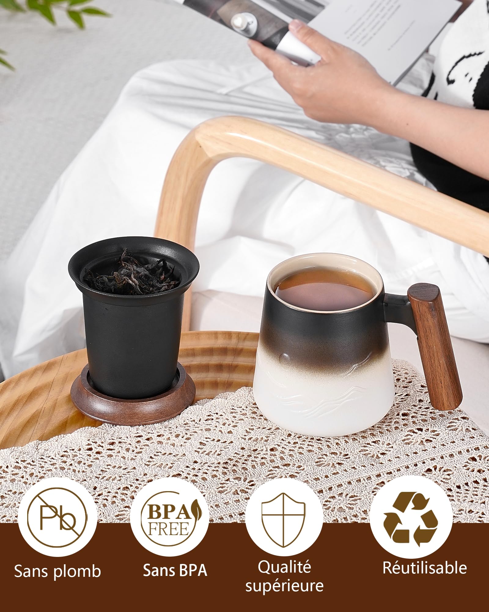 ZENS Tazza da tè in rilievo in ceramica (430 ml) tazza a the con infusore e coperchio Manico in legno, Fogli mobili tazza con coperchio & colino per gli amanti del tè Regali