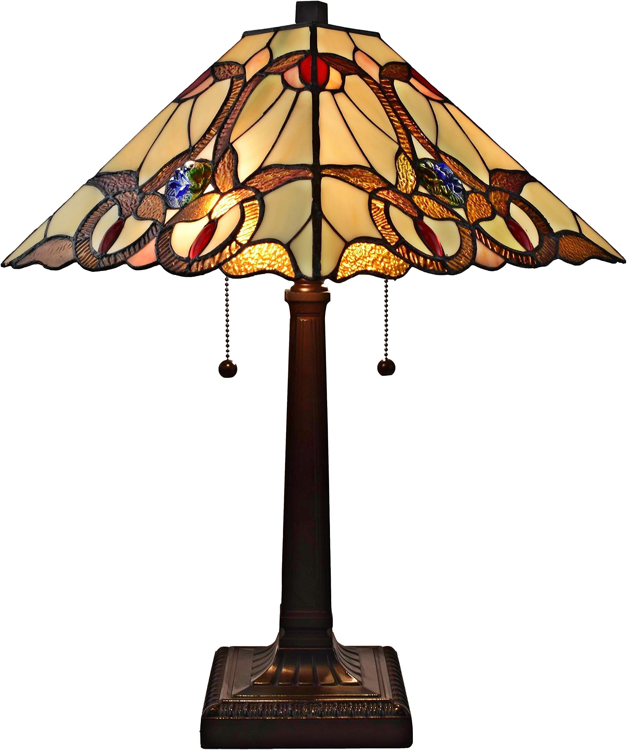 Tiffany Style Table Lamp Banker Mission 23" Tall Stained Glass Tan Brown Red Vintage Antique Light Décor Night Stand Living Room Bedroom Handmade Gift AM341TL14 Amora Lighting