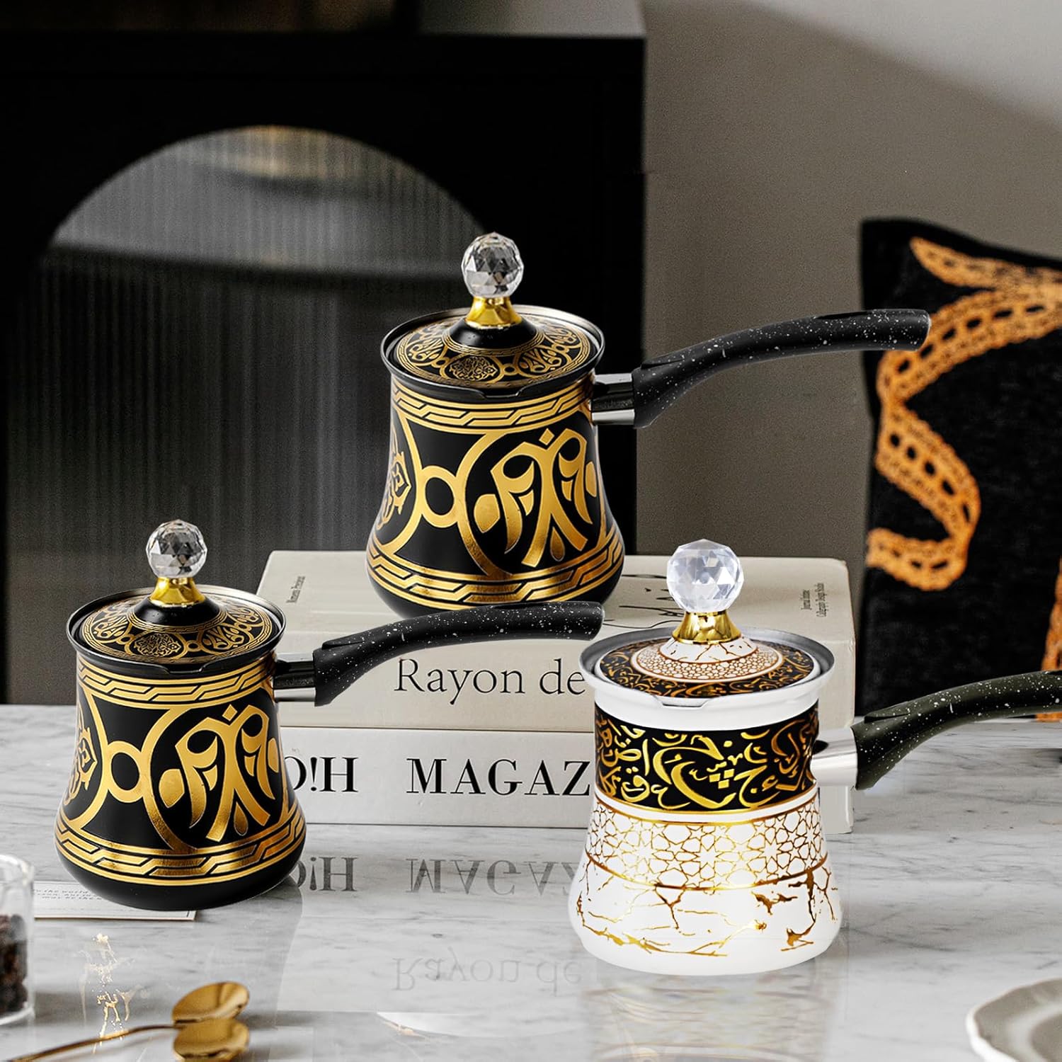 Turkish Greek Arabic Coffee Pot,Stove Top Water Boiler, Coffee Maker, Butter, Chocolate & Milk Warmer,Even and Quick Heat (Black and Gold)
