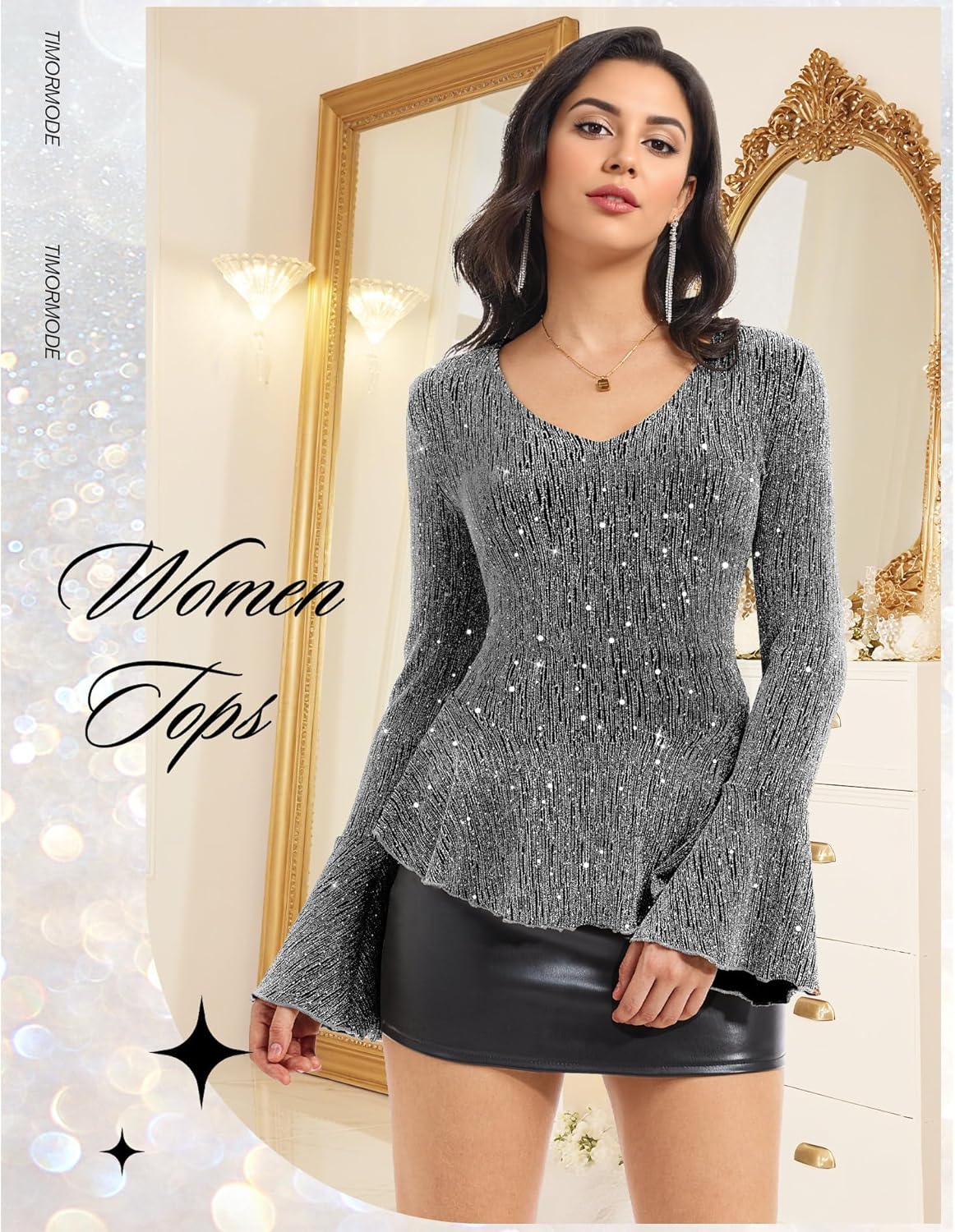 Sparkly Tops for Women Long Sleeve V Neck Ruffle Hem Sequin Shirts Glitter Blouses Evening Party Night - Image 2