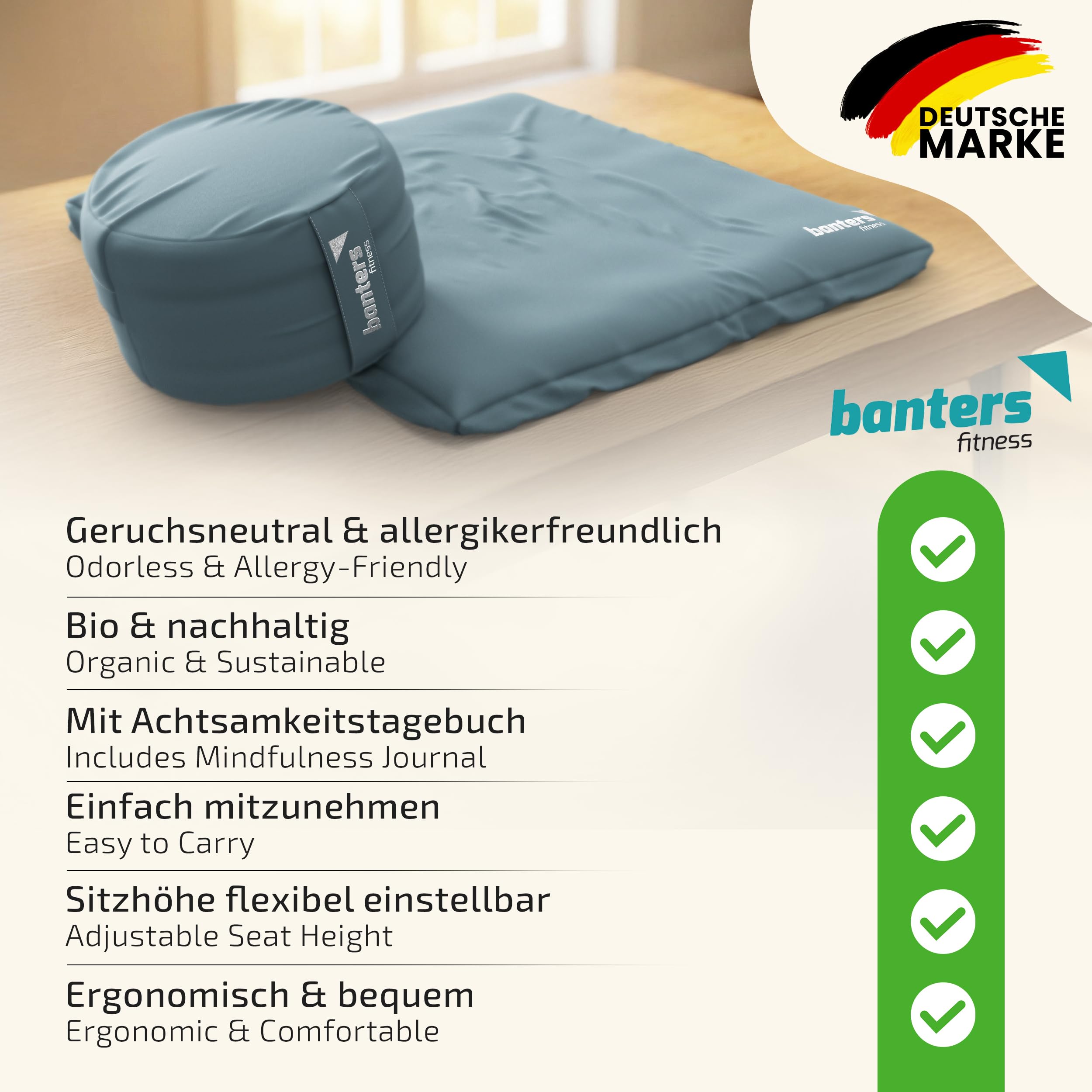 banters Set di cuscini da meditazione con imbottitura in kapok, cotone biologico, zafu e zabuton, altezza regolabile, lavabile, con cinghie per il trasporto e modello diario di 5 minuti