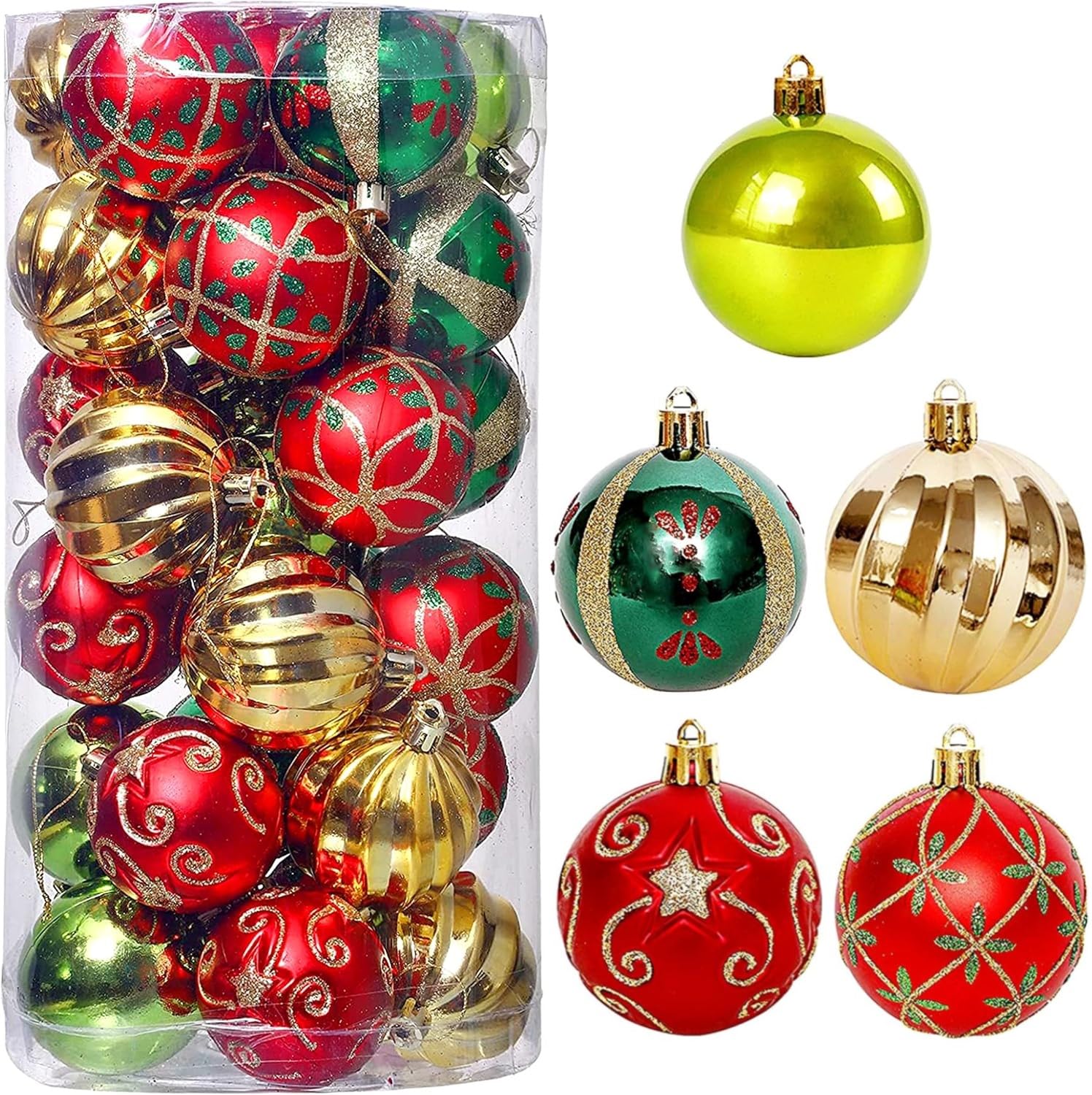 KAHEIGN 30Pcs Christmas Baubles, 6CM Gold Red Green Christmas Ball Ornaments Shatterproof Christma Hanging Balls Sets for Christma Tree Holidays Home Xmas Party Decoration (5 Styles)
