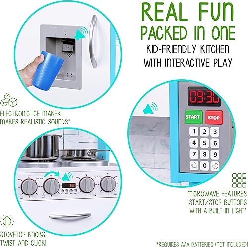 Miniatura 3 de Lil' Jumbl Juego de cocina para niños, cocina de madera de simulación, máquina de hielo y microondas con sonido realista, ollas y sartén incluidas,