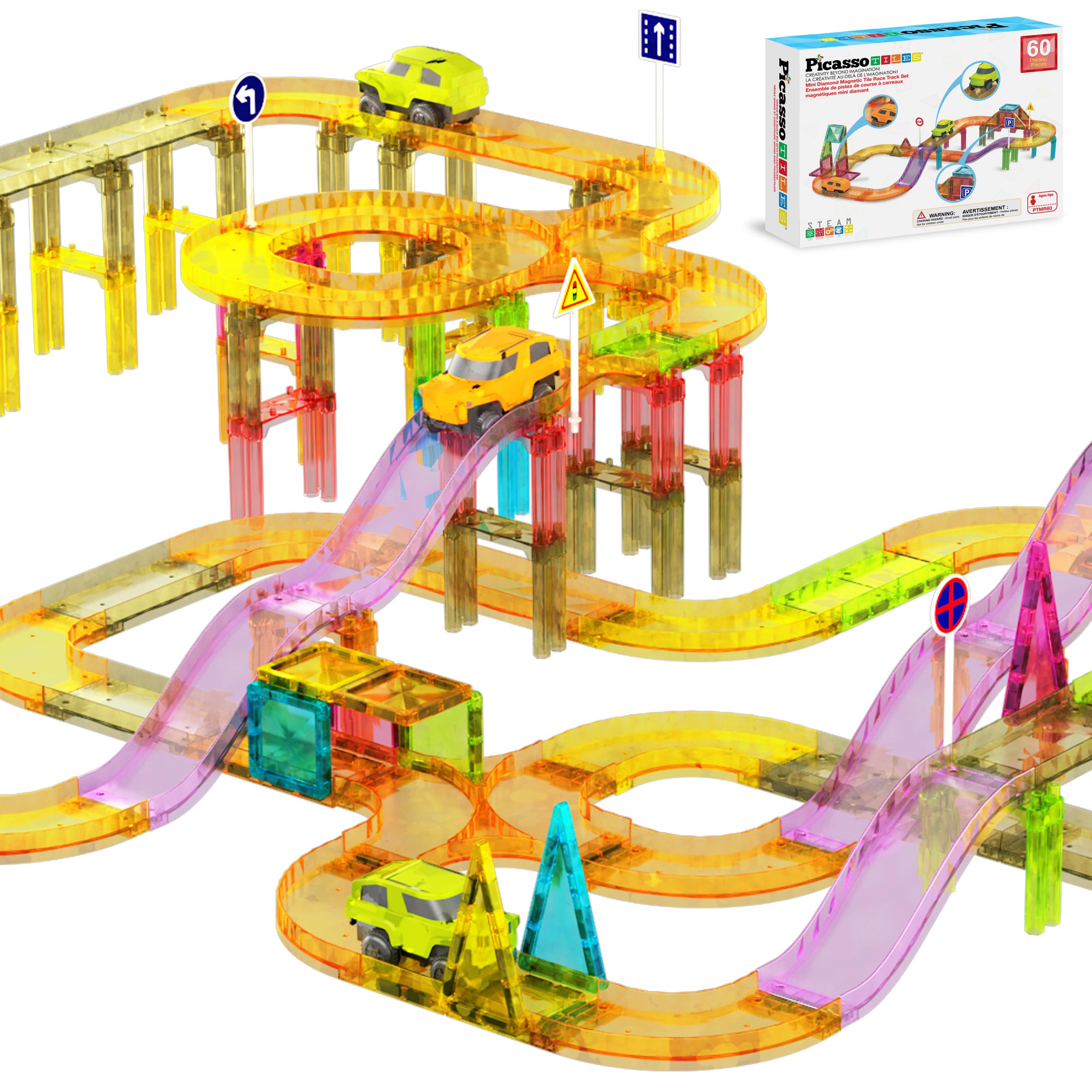 PicassoTiles 60pc Race Car Track Magnetic Tiles Travel Toy Sensory Magnet Tile Toys for Toddlers STEM Educational Learning Preschool Play Construction Stacking Blocks Kids Boys Girls Ages 3+ PTMR60-image-30