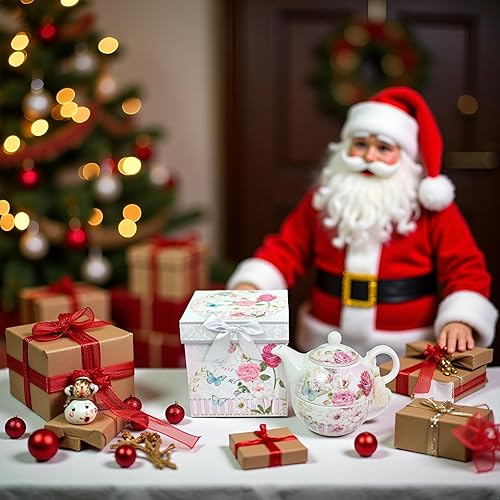 Miniatura 2 de Juego de té de porcelana de hueso Lightahead, diseño de rosas, en atractiva caja de regalo reutilizable hecha a mano (con lazo)