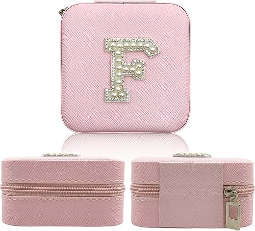 Miniatura 3 de Joyero de viaje para mujer Parches de letras iniciales de perlas Pequeño organizador de joyas de viaje con espejo Regalos para niñas adolescentes