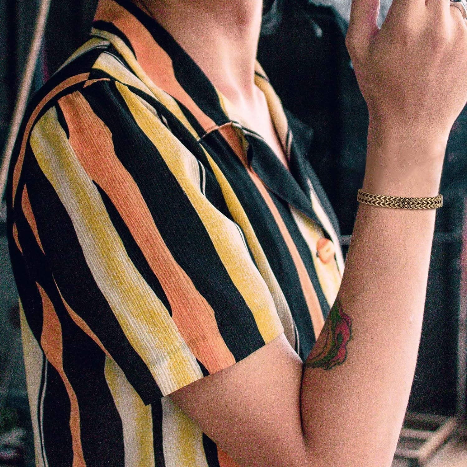 HZMAN Double Row Franco Chain Bracelet for Men - 8.66 Inch Heavy Duty Stainless Steel Curb Link,Gold Tone & Silver Masculine Wrist Jewelry Gift - Image 3