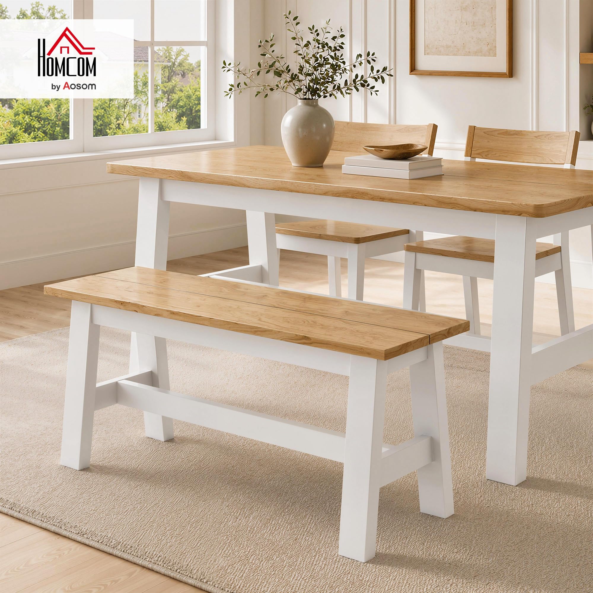 HOMCOM Sitzbank für Esszimmertisch Küchenbank aus Kautschukholz Holzbank mit Landlaus-Stil Essbank für Esszimmer, Eingang, Schlafzimmer, bis 240 kg, 95 x 30 x 45 cm, Eiche