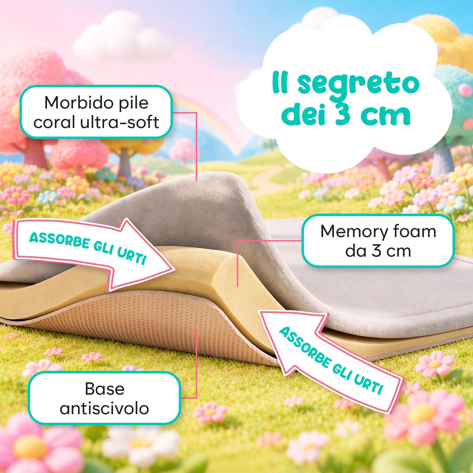 Tappeto Gioco Bambini 150x150 cm – Tappeto per Neonati in Memory Foam Spessa 3 cm – Non Tossico, Antiscivolo e Confortevole – per Attività e Gattonamento – Avec Maman