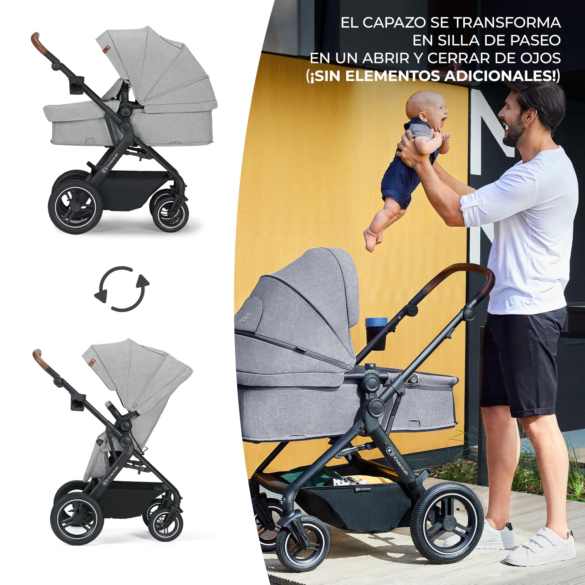 Kinderkraft B-TOUR Carrito Bebé 3 en 1, i-Size 40-75 cm, asiento 2 en 1, Silla de Paseo desde el nacimiento hasta los 22 kg, con Silla Coche, silla de coche 0-13 kg, TRAVEL SYSTEM, Gris oscuro