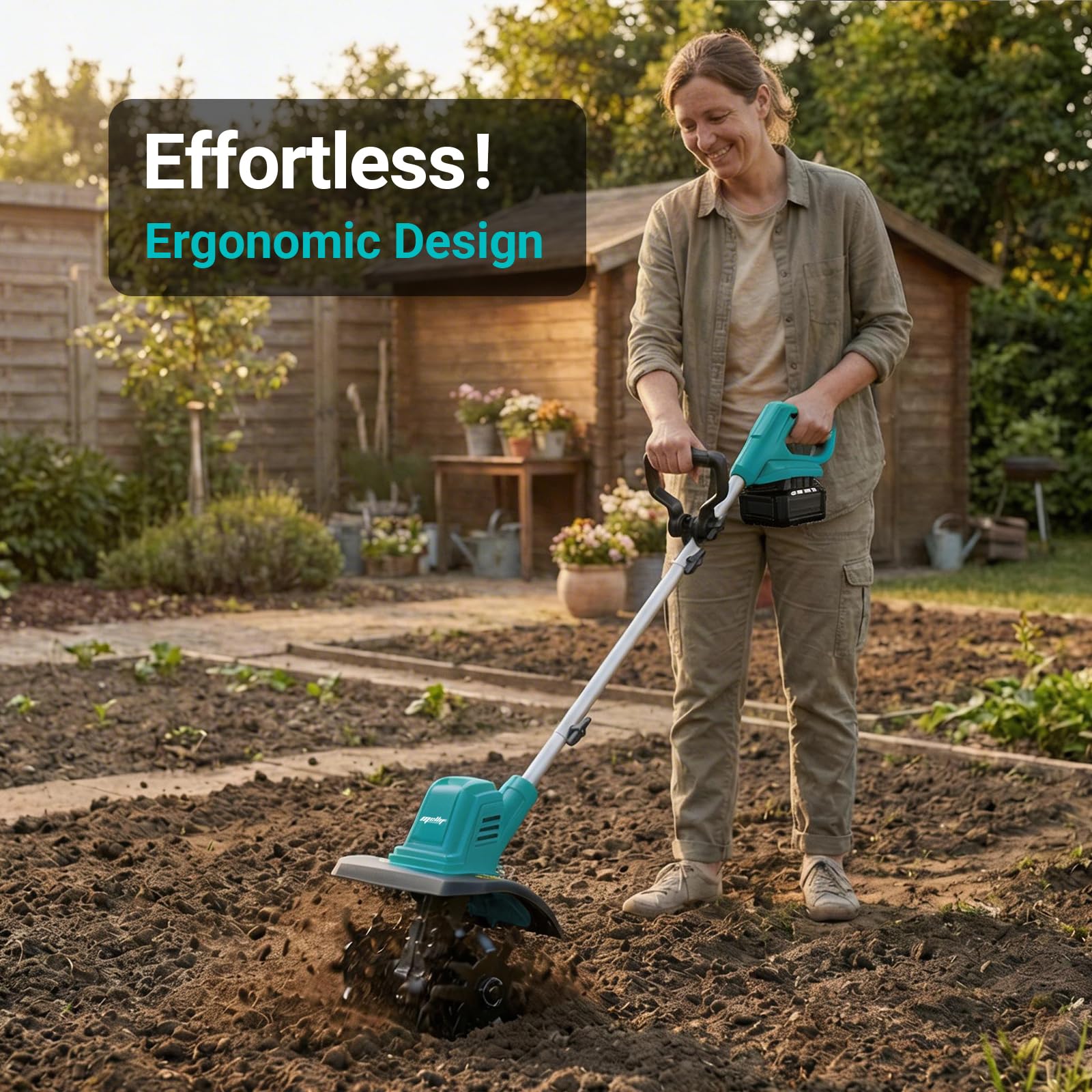 Cultivador de jardín inalámbrico compatible con batería Makita de 18 V (solo herramienta), motocultor eléctrico sin escobillas plegable con ruedas ajustables, azul
