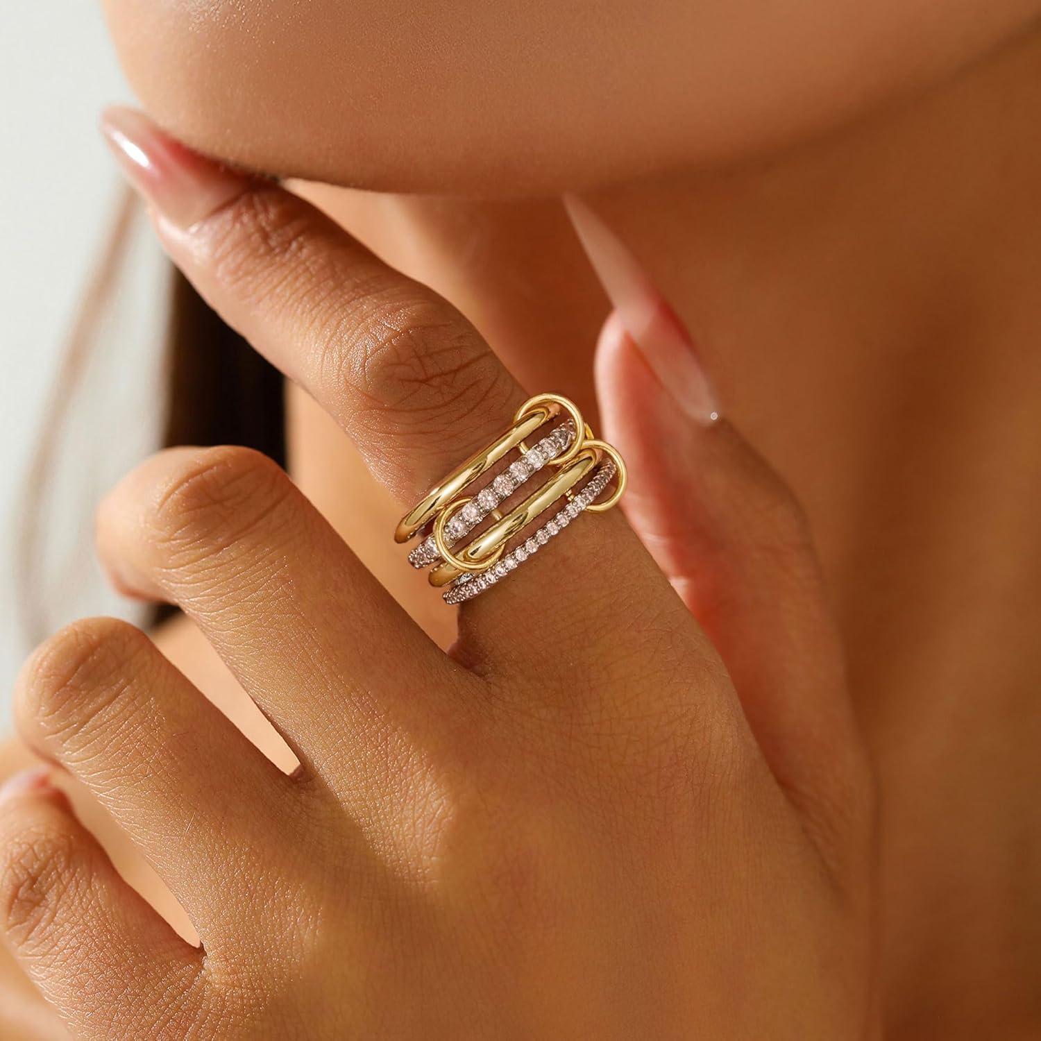 14K Gold Interlocking Stackable Rings for Women – Silver Gold Stack Ring Set with CZ, Two Tone Interlocked Stacked Ring, Multi-layer Statement Ring Jewelry - Image 4