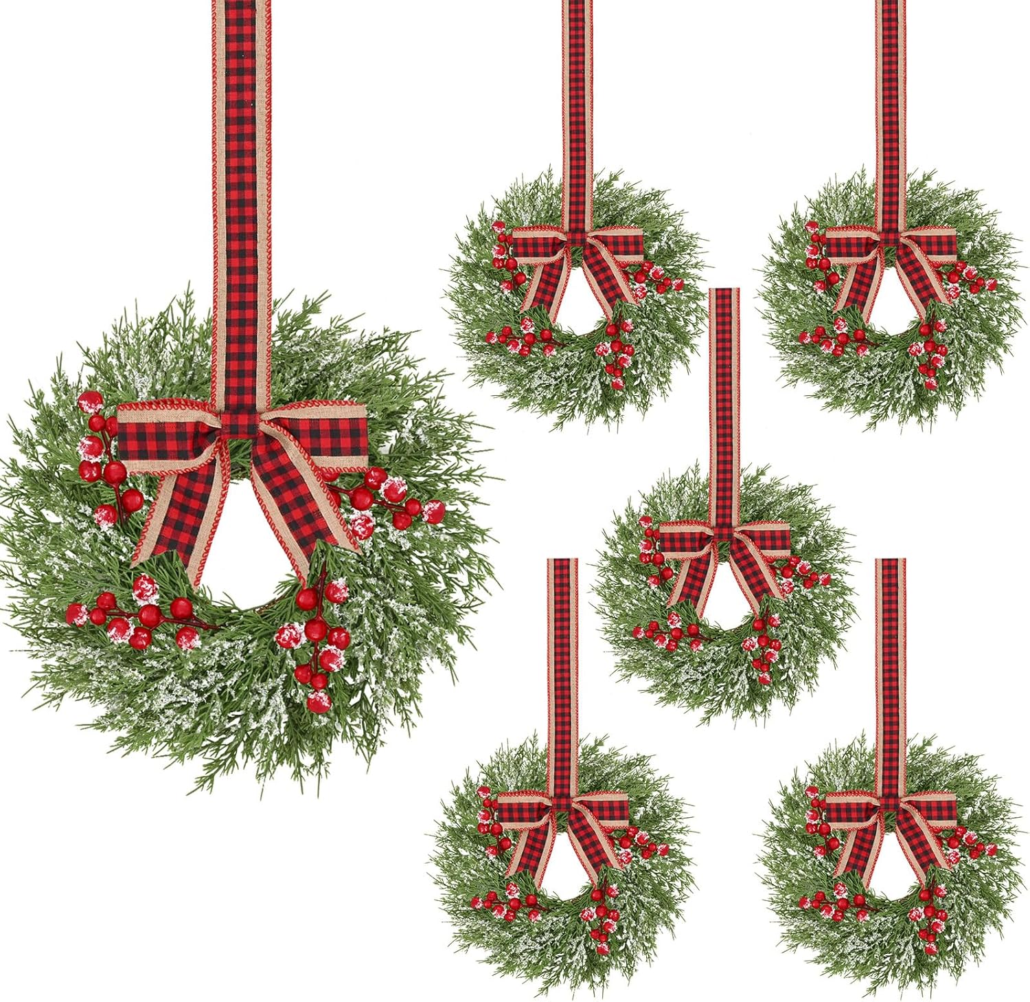 6 Pcs Small Christmas Wreath, Christmas Wreaths for Windows, Winter Mini Wreaths Christmas, Cabinet Wreaths for Kitchen Christmas, Window Decorations for Front Door Candle Rings Outdoor Indoor 6Pcs