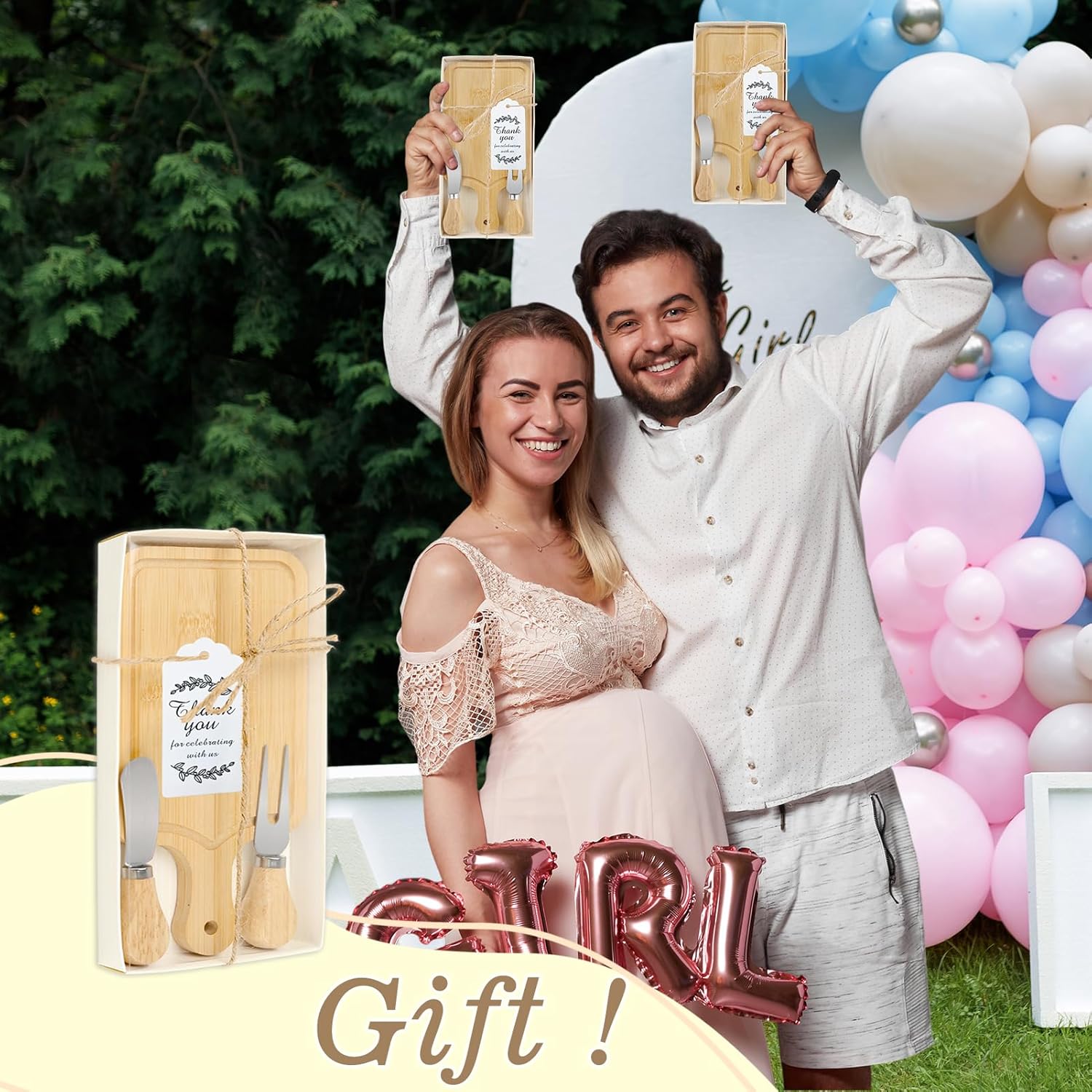 6 Sets Baby Shower Gifts for Guests Prizes, Bridal Shower Prizes for Game Winners, Cheese Board Gift Set with Charcuterie Boards, Knives, Forks, Thank You Card & Gift Box