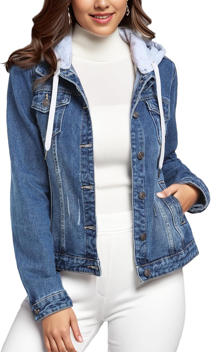 MISS MOLY Denim Jackets For Women Detachable Hoodie Button Down Causal Jean Jacket Coat - Image 3