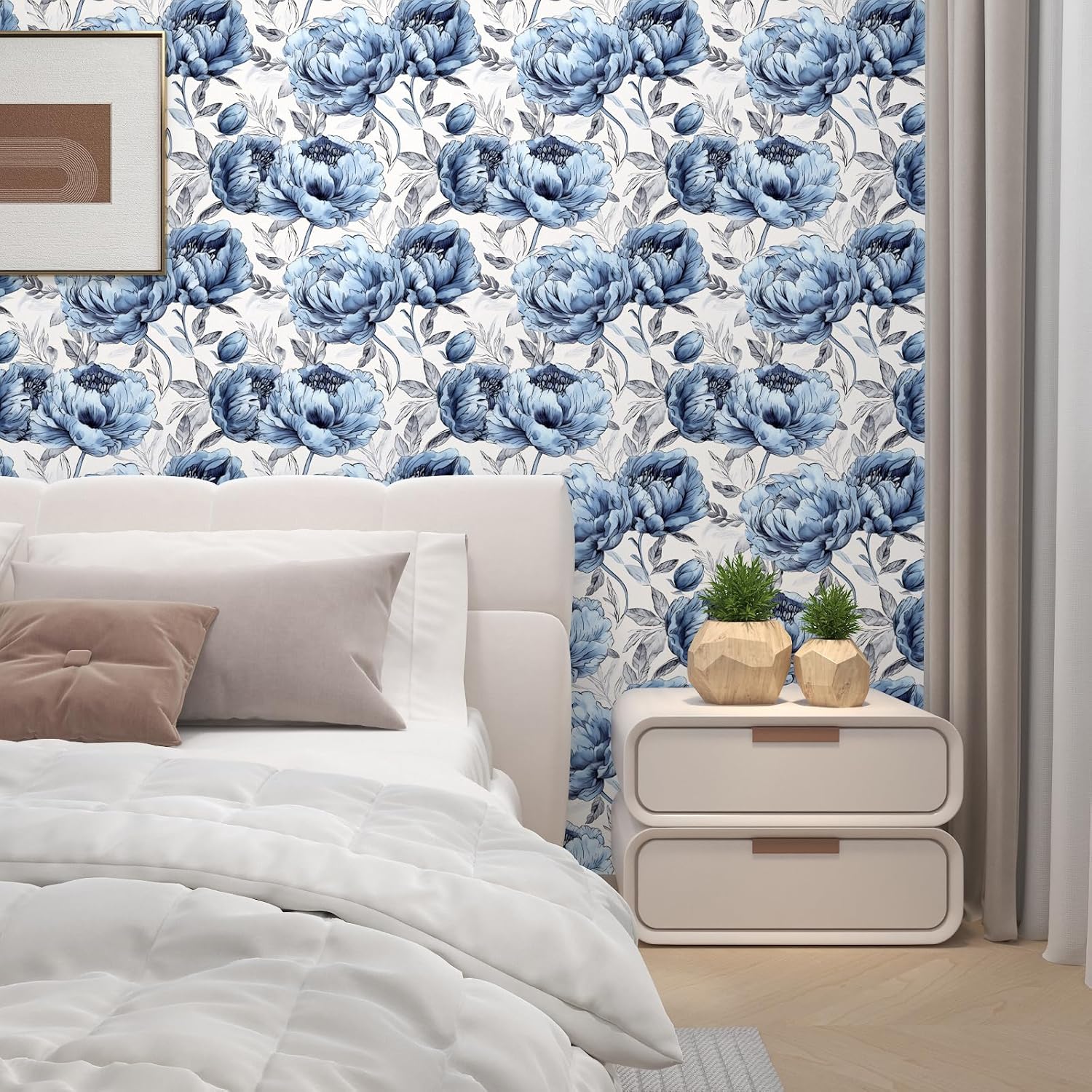 BOKEBEVE Extra Long Boho Blue Floral Contact Paper,Floral Wallpaper Peel and Stick for Bedroom Bathroom Cabinet Countertop Removable Renter Friendly 17.5 x 393.5In