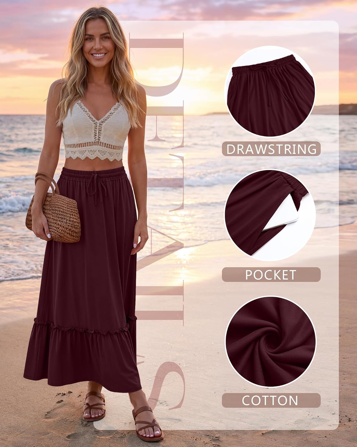 Ficerd 3 Pack Women's Boho Maxi Skirts, Long Tiered Skirt Flowy Ruffle High Waist Drawsting Casual Dress with Pockets - Image 5