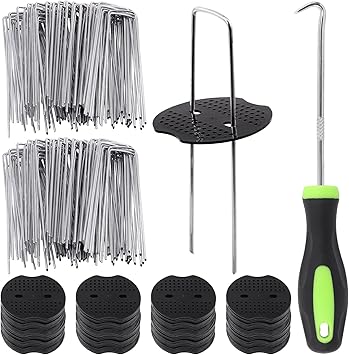 Glarks 201Pcs Garden Stakes Staples Kit, 100Pcs 6 Inch U-Shaped Landscape Staples, 100Pcs Fixing Gasket with 1Pc Pick Hook for Weed Barrier Fabric, Ground Cover, Holding Fence and Artificial Turf