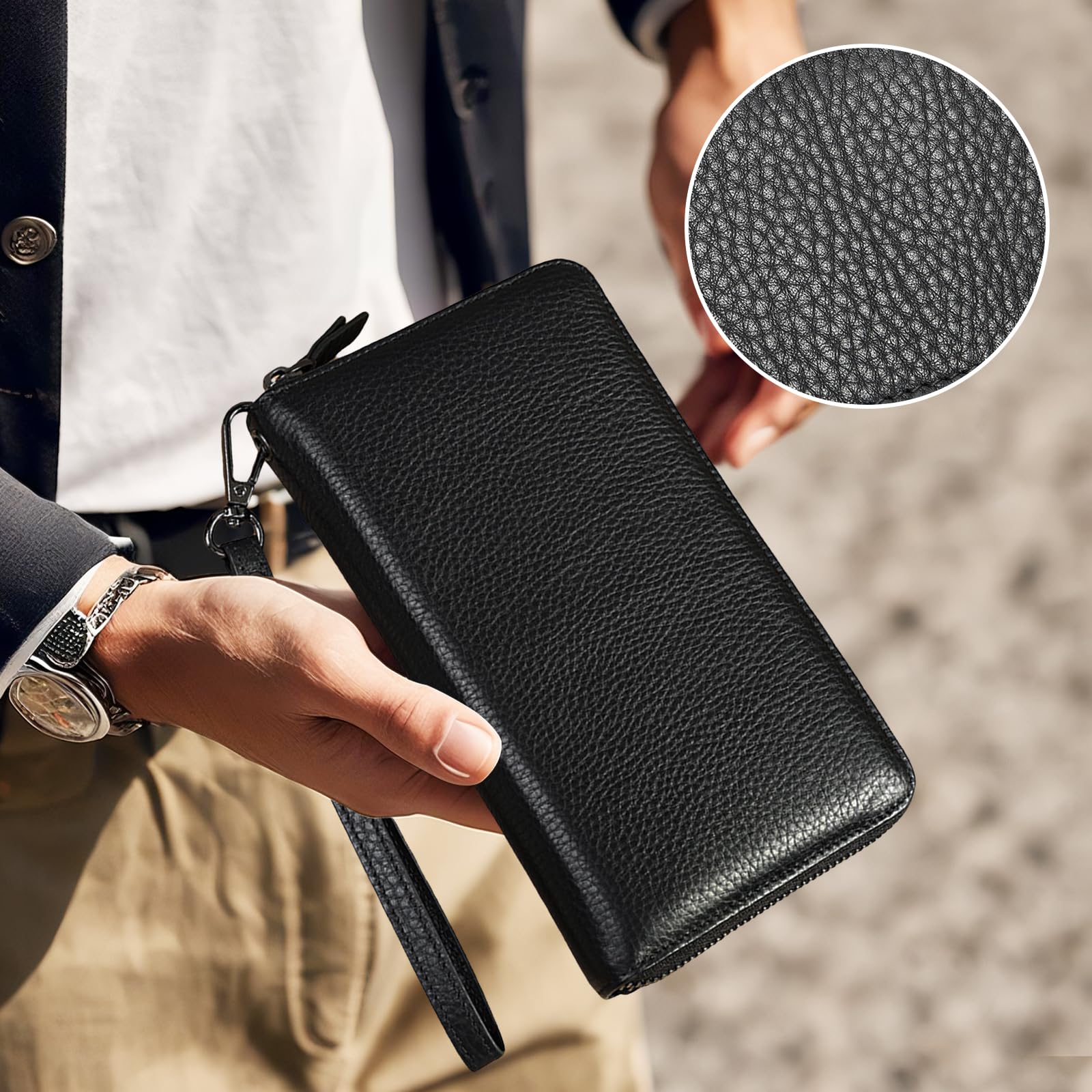 Cartera de piel de vacuno plegable delgada de gran capacidad con cremallera, regalos personalizados para papá y marido