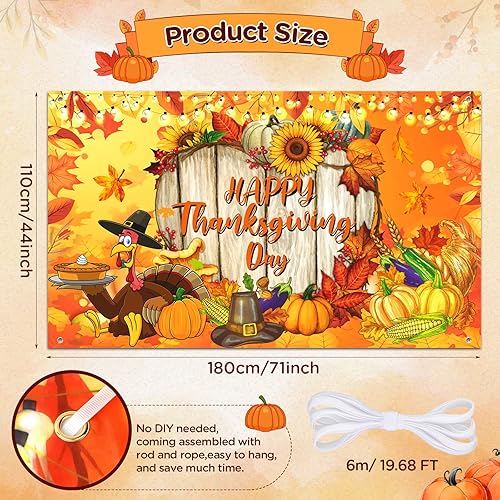 Miniatura 5 de Cartel grande de feliz día de Acción de Gracias para exteriores, pavo, calabaza, hojas de arce, telón de fondo para patio, decoración de fondo de