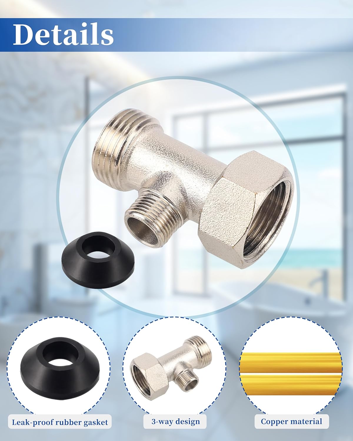 Bidet T Adapter, 3 Way 7/8"x7/8"x3/8" Valve Hose Fitting with Gasket for Shower Head Diverter Sprayer Faucet, Brass Tee Connector, T Valve Toilet Faucet Hose Splitter Bidet Attachment for Home