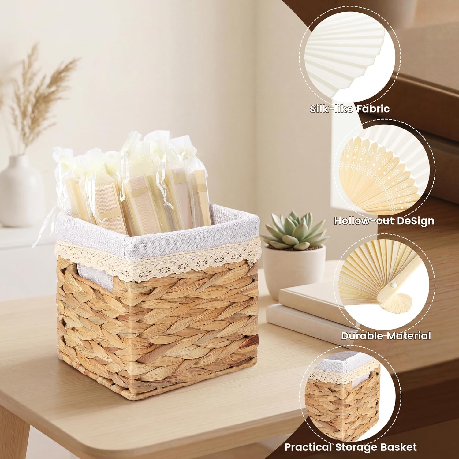 Aneco 50 Pieces Silk Hand Bamboo Folding Fans Handheld Fan with Storage Basket and Organza Bags Foldable Hand Fans for Guests Wedding Decorations Bridal Shower Party Favor DIY Home Decor, Cream