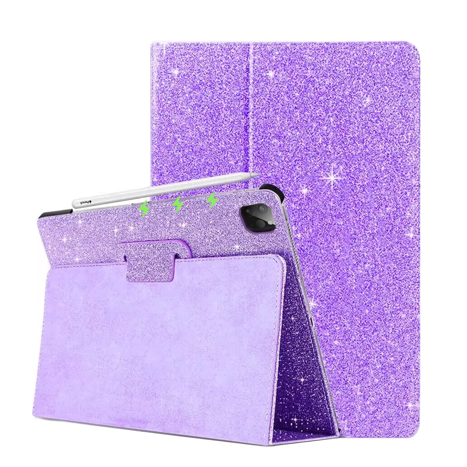 CASZONEiPad Pro 11 4th/3rd/2nd Generation 2022/2021/2020 Protective Case with Pencil Holder,Glitter Bling Folding Auto Wake/Sleep Smart Cover for iPad Pro 11 inch,Glitter Purple