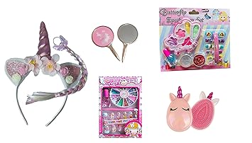 Aashiya trades Real Cosmetic for Little Girls ,Kids Makeup Kit for Girls, Kids Play Washable Makeup Set and Nail Art Box + 1 Hair Comb+1 Unicorn Print Mirror +1 Unicorn Headband+1 Breaded Tail