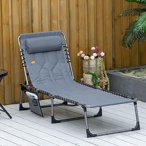 Miniatura 2 de Outsunny Tumbona plegable para exteriores, tumbona reclinable portátil, ligera, con respaldo ajustable de cinco posiciones, almohada, bolsillo