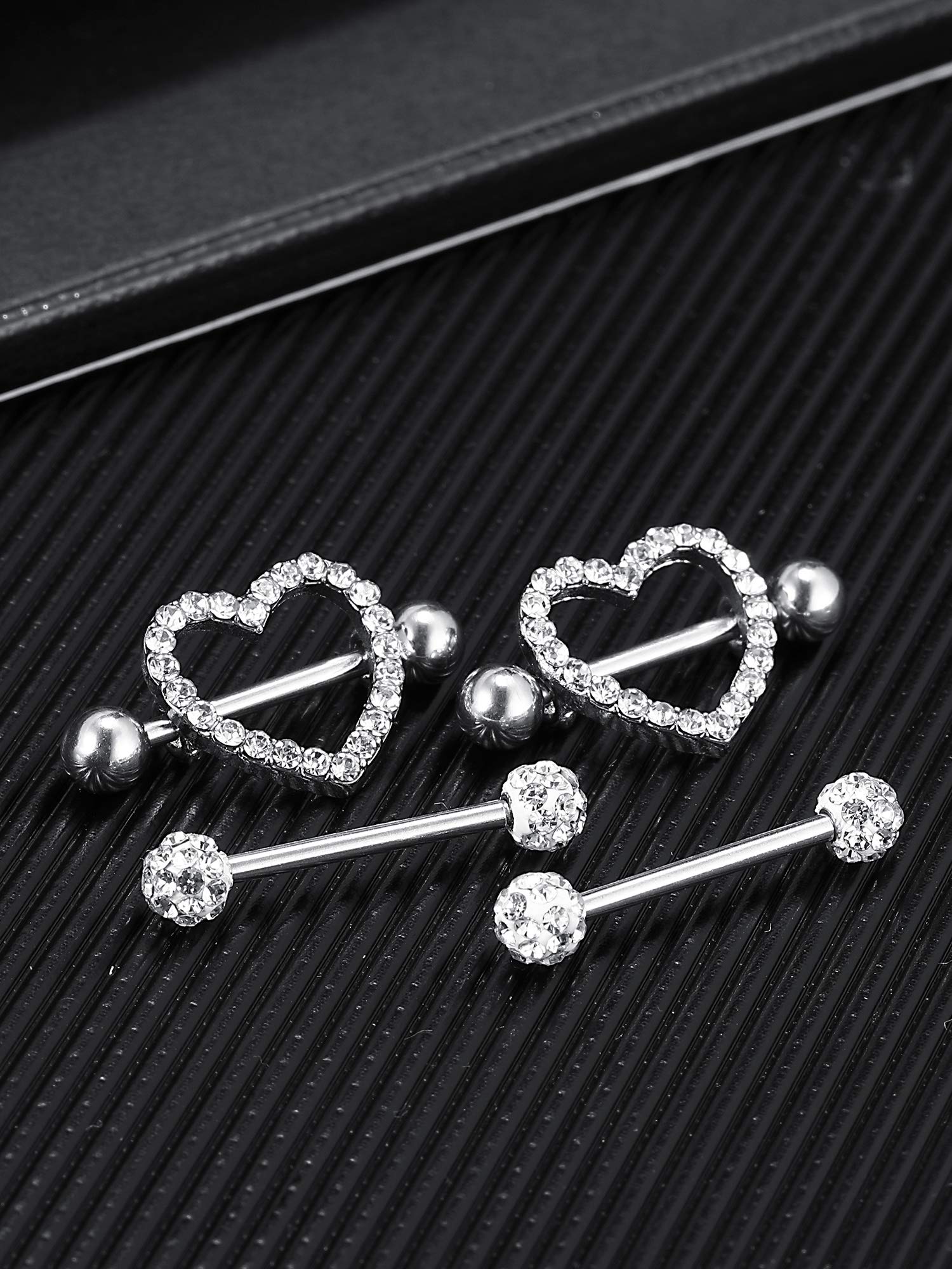 2 pares de anillos de pezón de acero inoxidable con circonita cúbica con diamantes de imitación para pezón, piercing corporal, 14 G, Acero inoxidable y diamantes de imitación 6
