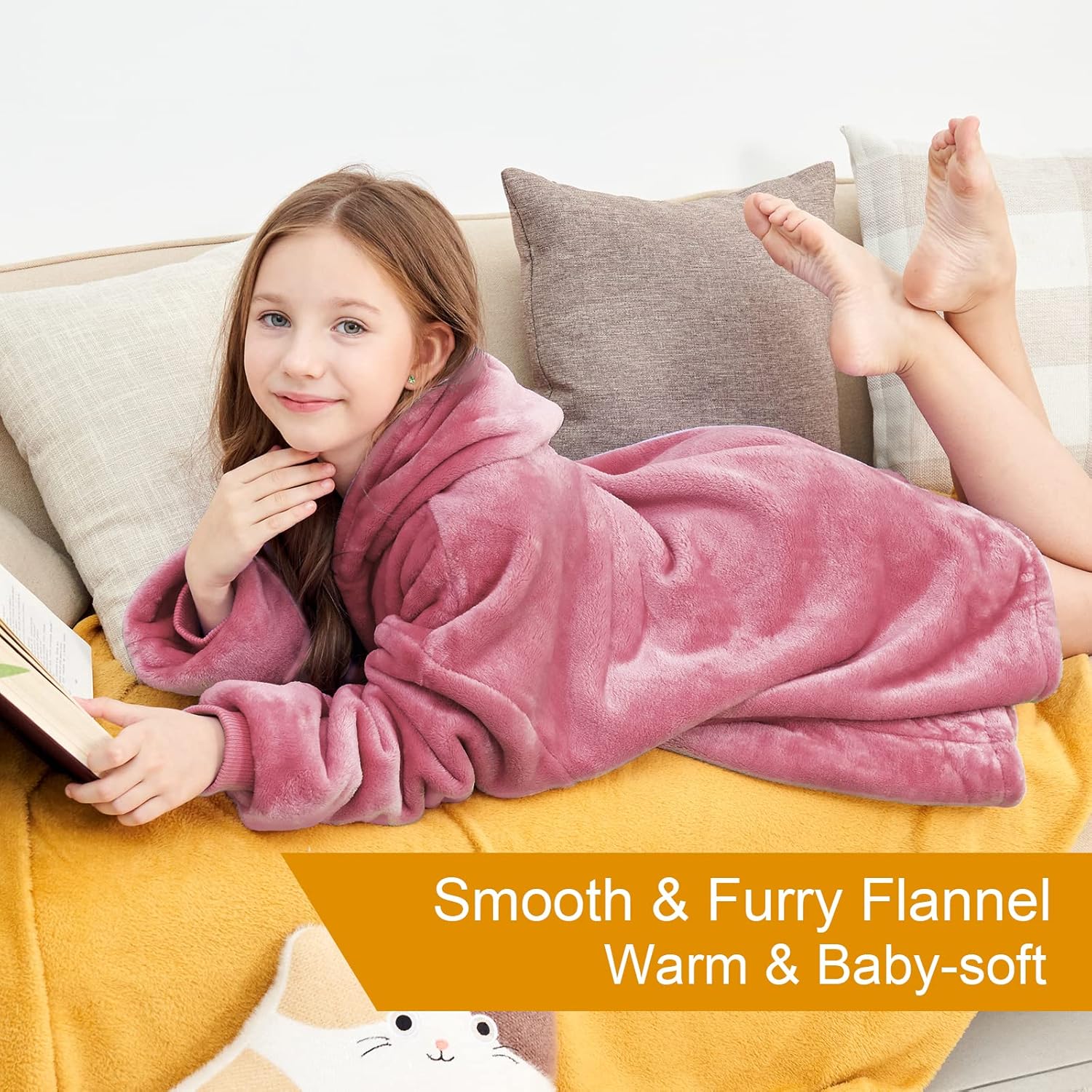 Aemicion Wearable Blanket Hoodie for Kids Super Soft Warm Oversized Hooded Blanket Sweatshirt Hoodie Blanket for Girls Pink - Image 4