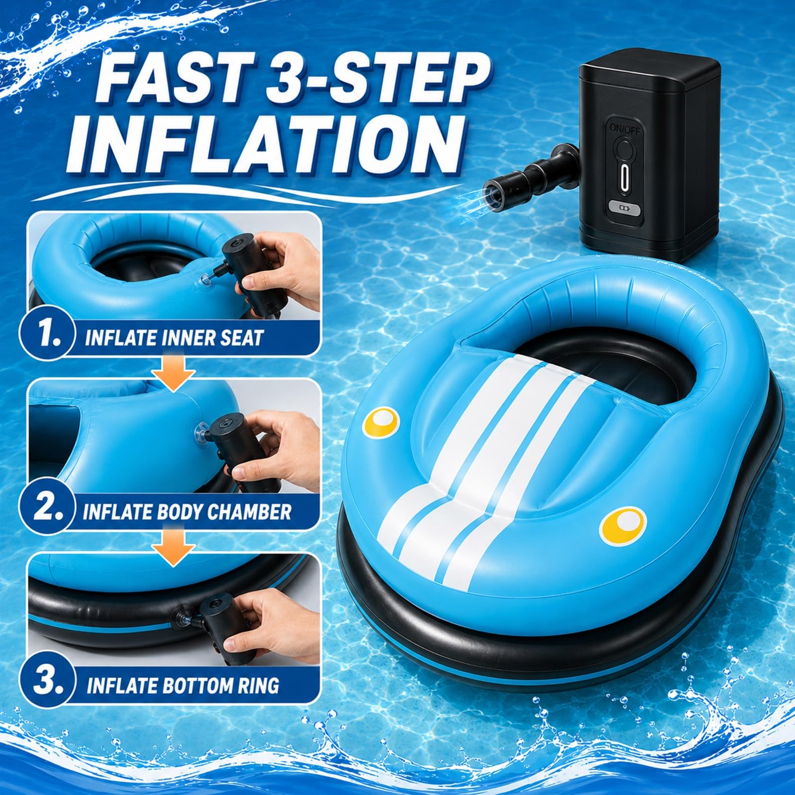 Bateau Auto-Tamponneur Électrique Gonflable et Flotteur Motorisé Adulte | Bouée Tamponneuse à Moteur 50W avec Rotation 360°, Joystick, Capacité 120kg, Pompe Sans Fil et 2 Batteries