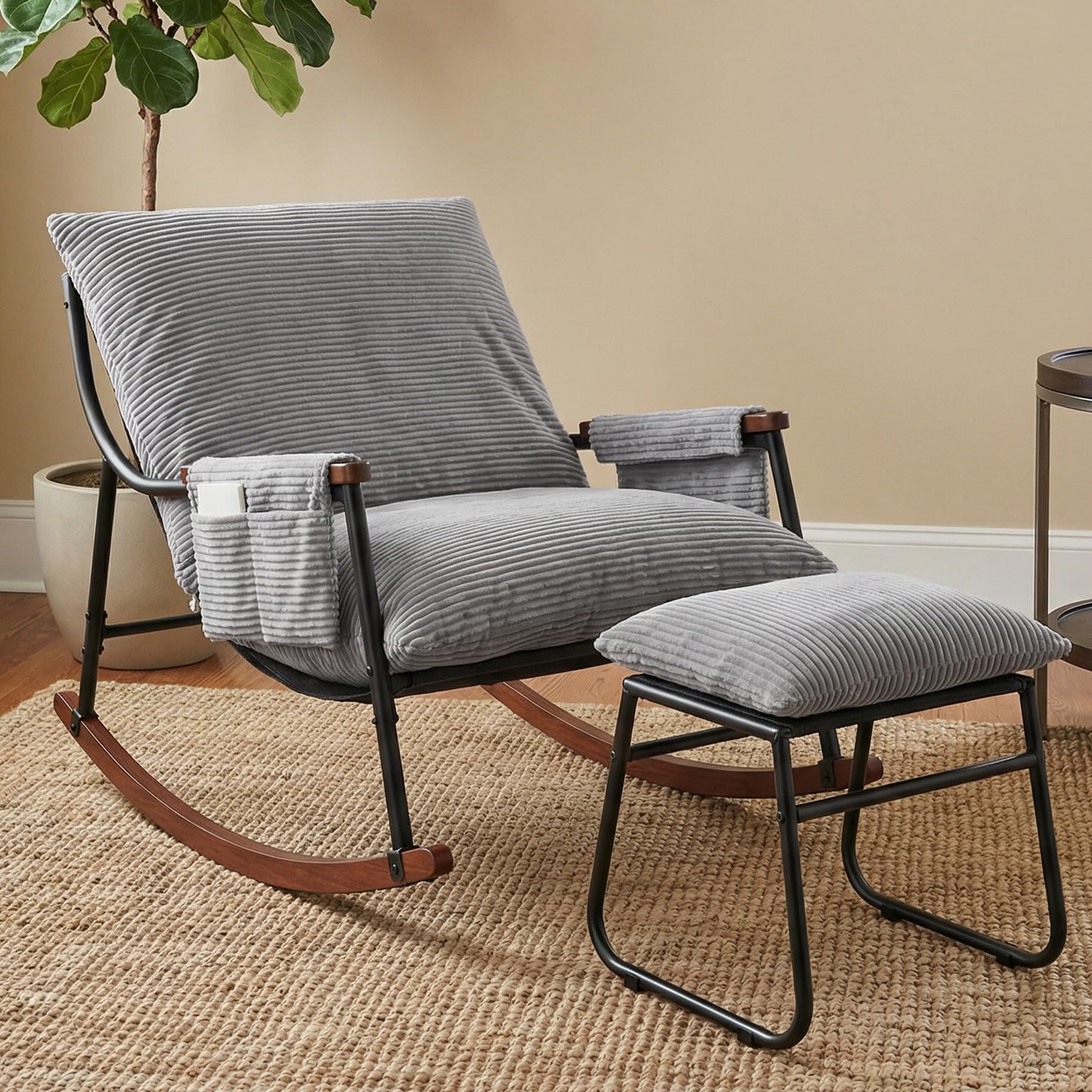 HomeMiYN Rocking Chair for Adults with Footstool and 15cm Cushions Reading Lounge Chairs Armchair for Garden Patio Outdoor Living Room Grey