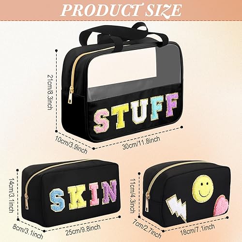 Miniatura 2 de Bolsa de maquillaje de nailon con parche de letras de chenilla, bolsa de maquillaje, bolsa de cosméticos, bolsa de chenilla, bolsa de almacenamiento