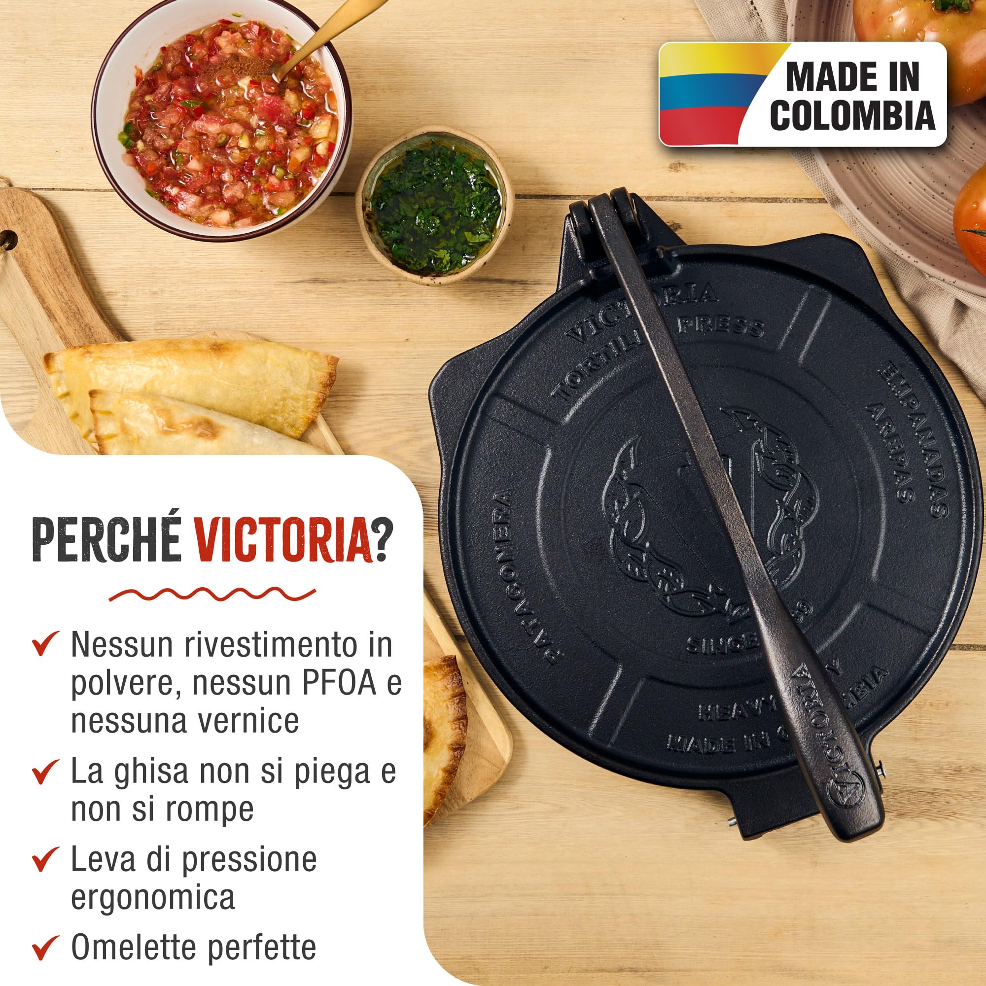 Victoria Pressa per Tortillas Messicane in Ghisa HD 25 cm Pataconera Colombiana Professionale, Roti Maker per Tacos, Arepas, Quesadillas, Empanadas, Patacones