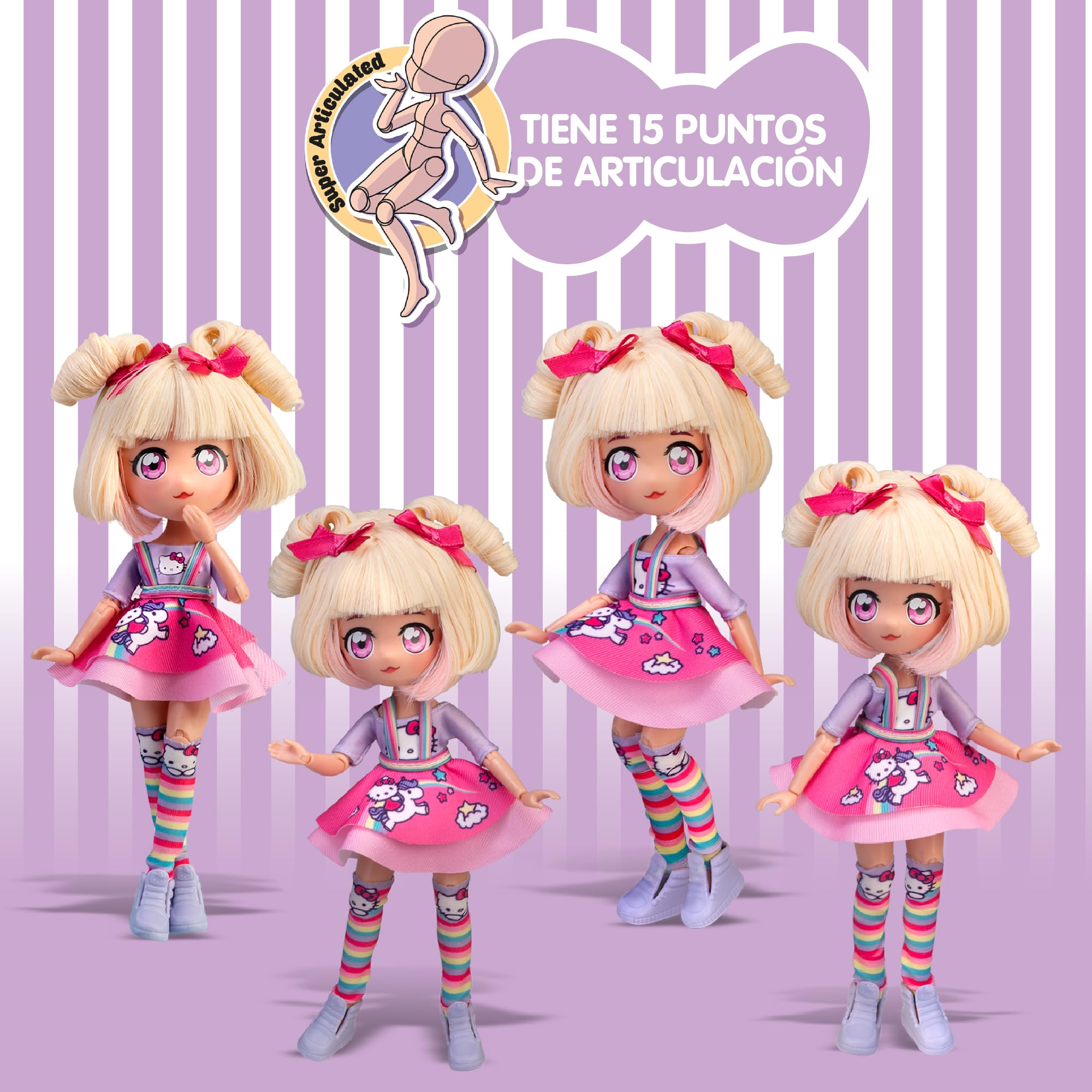 4SF - Hello Kitty Manga Doll Candy Unicorn, Muñeca Fashion Japonesa con Looks a la Moda Manga, Figura de 19,5 cm con 15 Puntos de Articulación, Pelo Rubio, Accesorios Incluidos, Famosa (HKTF0400)