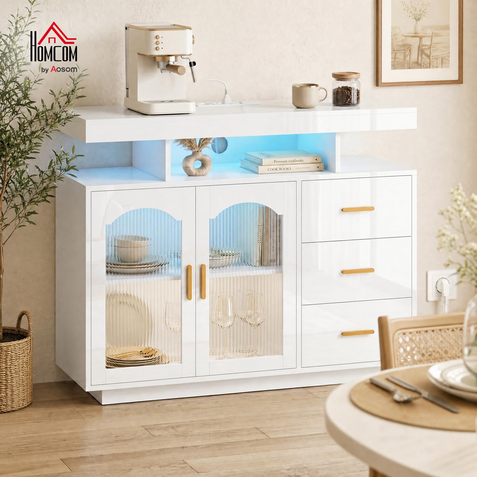 HOMCOM Küchenschrank mit LED, Steckdosen 100x35x80 cm Hochglanz Weiß | Sideboard, 3 Schubladen, 2 Acryl-Türen, Buffetschrank, Soft-Close-Funktion, für Küche, Esszimmer