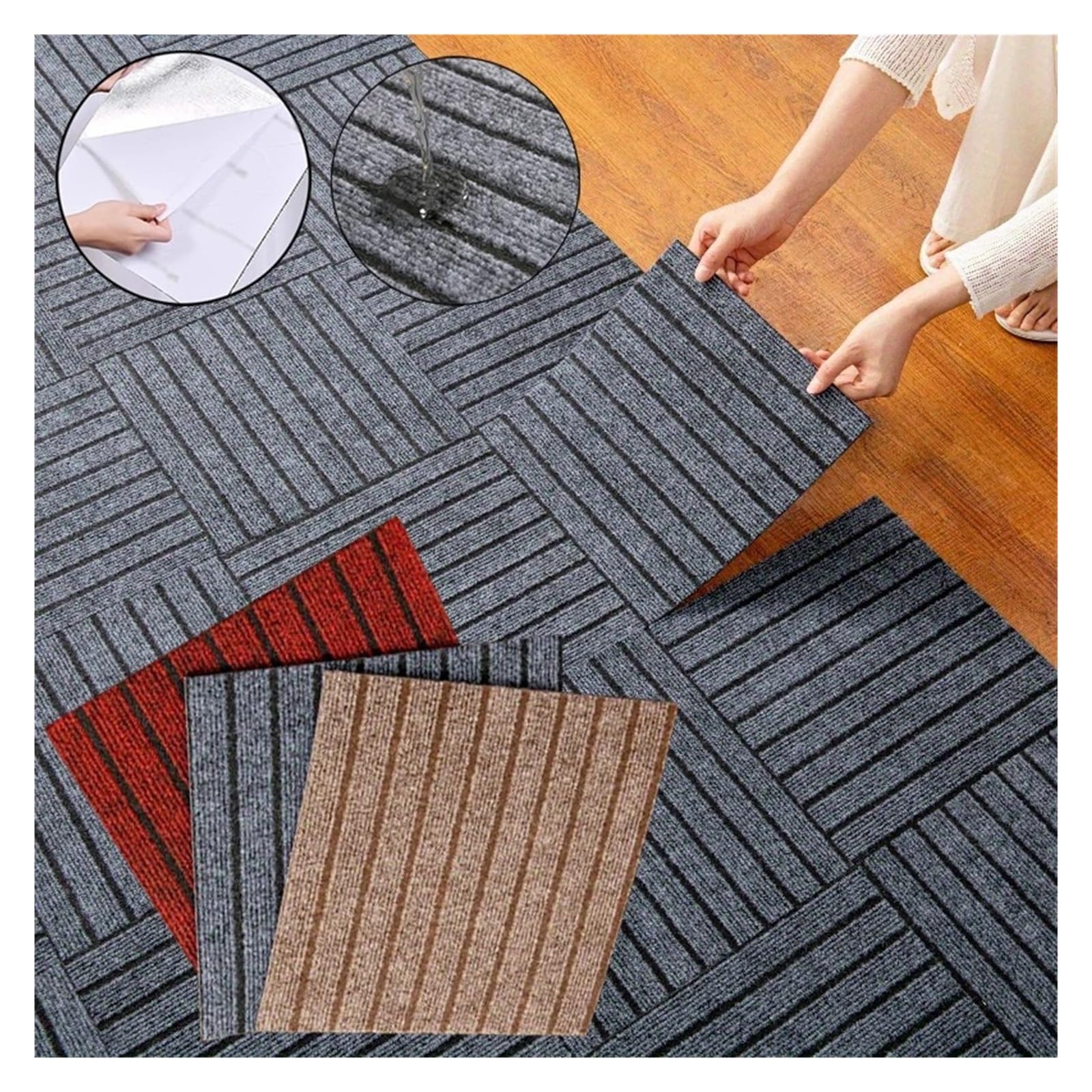teppichfliesen selbstklebend 30x30cm Moderne Streifen Schlafzimmer Wohnzimmer Teppich Büro Kann Ausgebreitet Werden Boden Matte Selbst-adhesive Anti Slip(Khaki,20pcs)