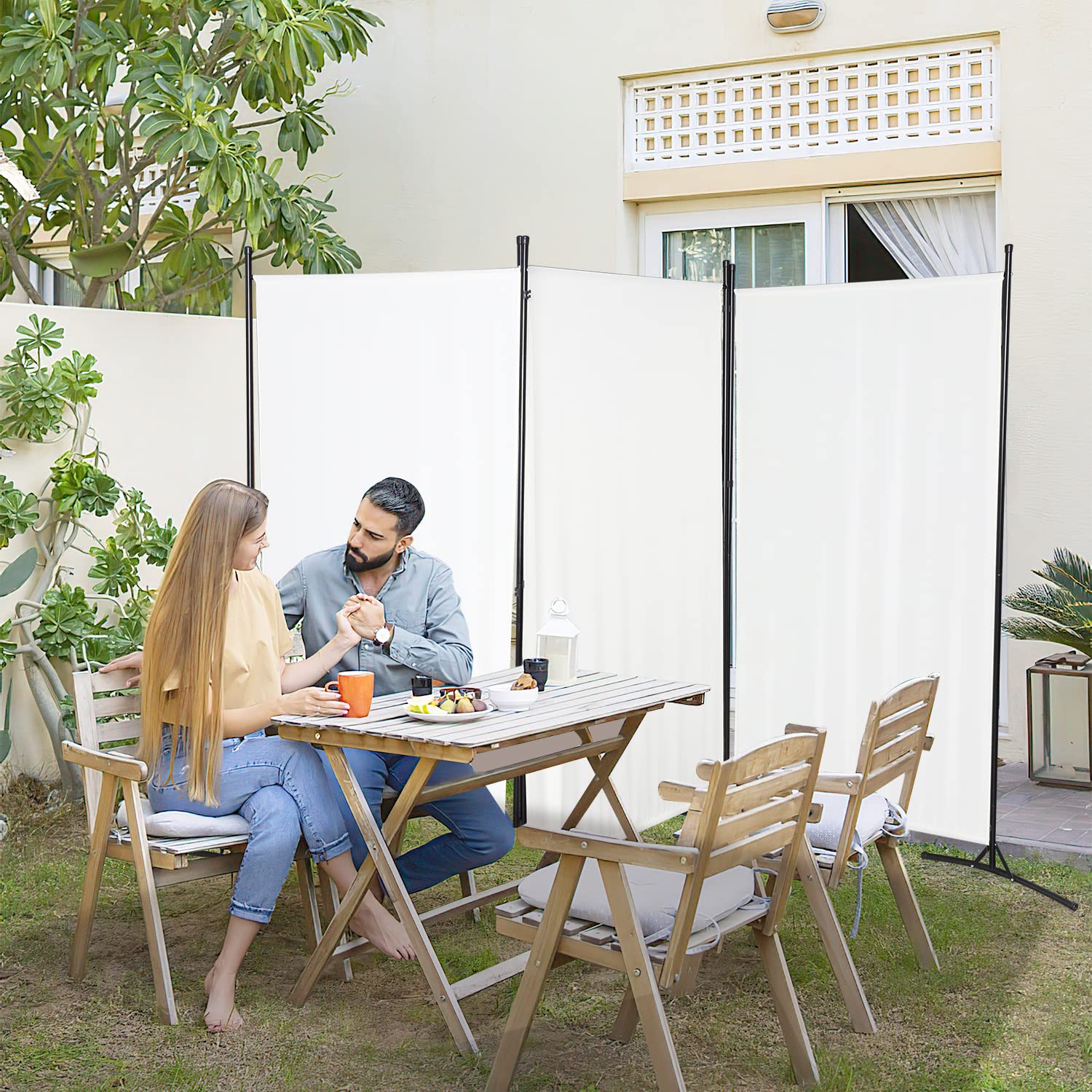 Biombo de 3 piezas, 260 x 180 cm, biombo, separador de ambientes, de pie, plegable, para interiores, protección visual, independiente, de acero y poliéster (beige)