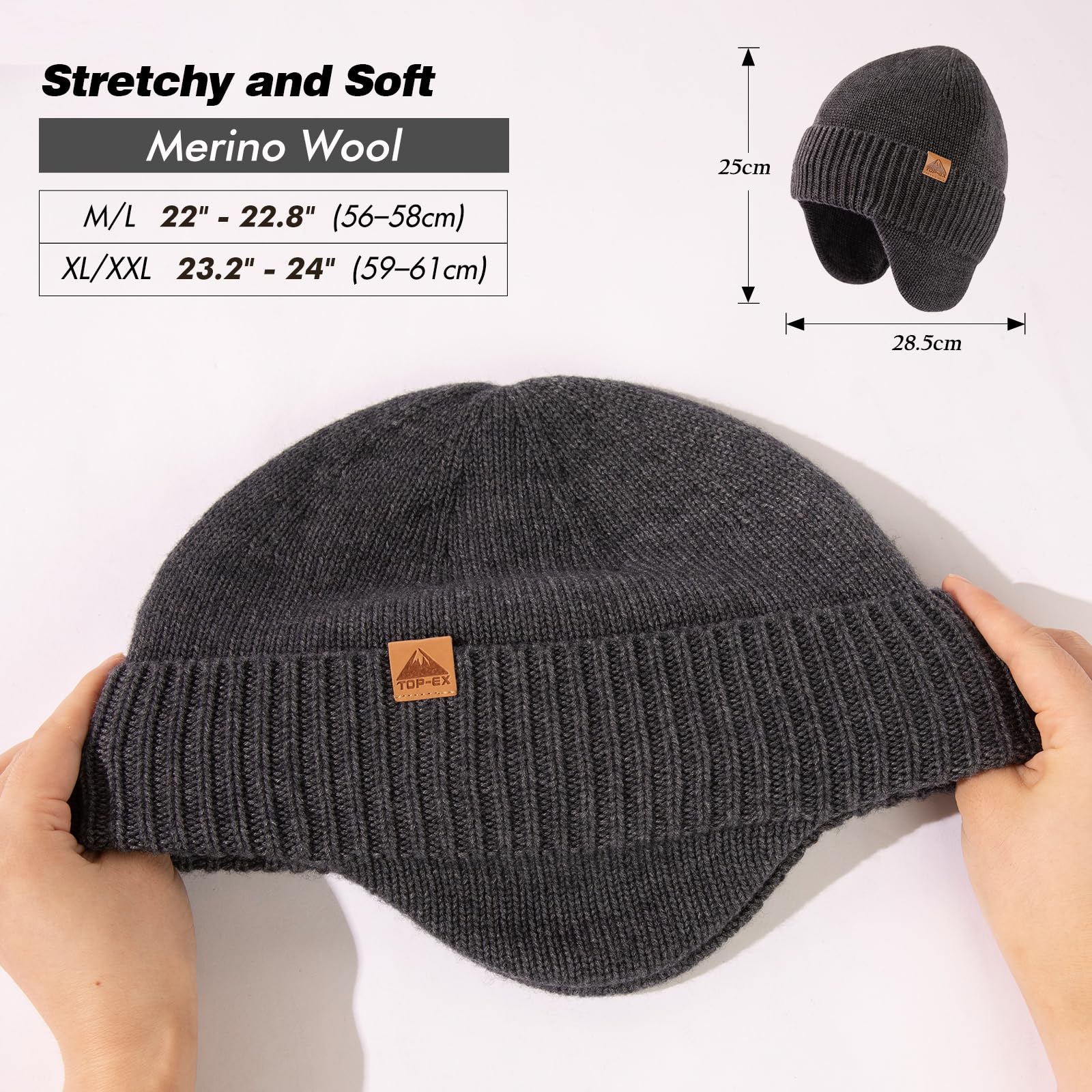 TOP-EX XL/XXL DryKnit Unisex 80% Merinowolle wasserdichte Beanie, warme Wintermütze mit Fleece gefüttert & Ohrenklappe